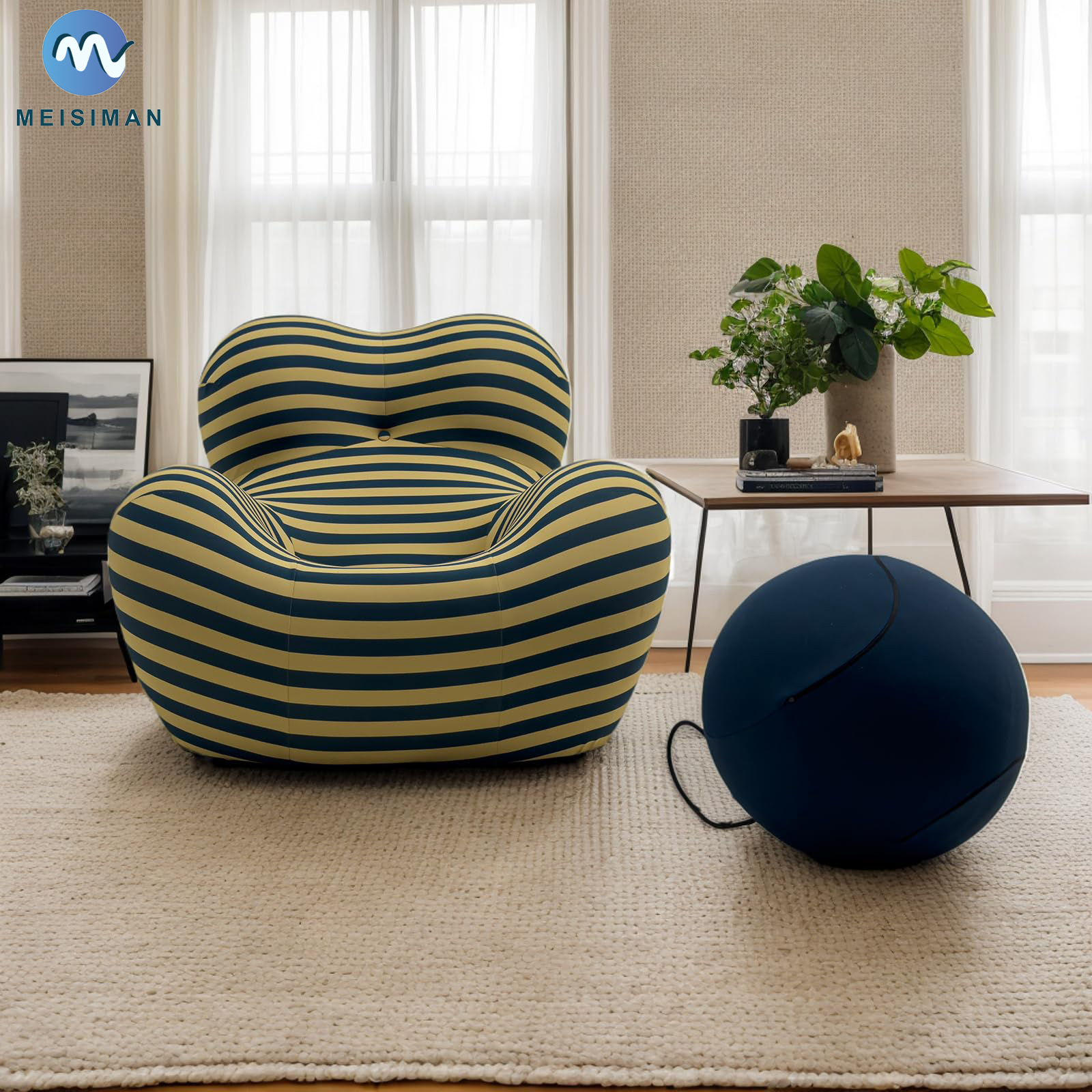 Sillón plegable redondo con tela lino azul y amarillo miniatura 7