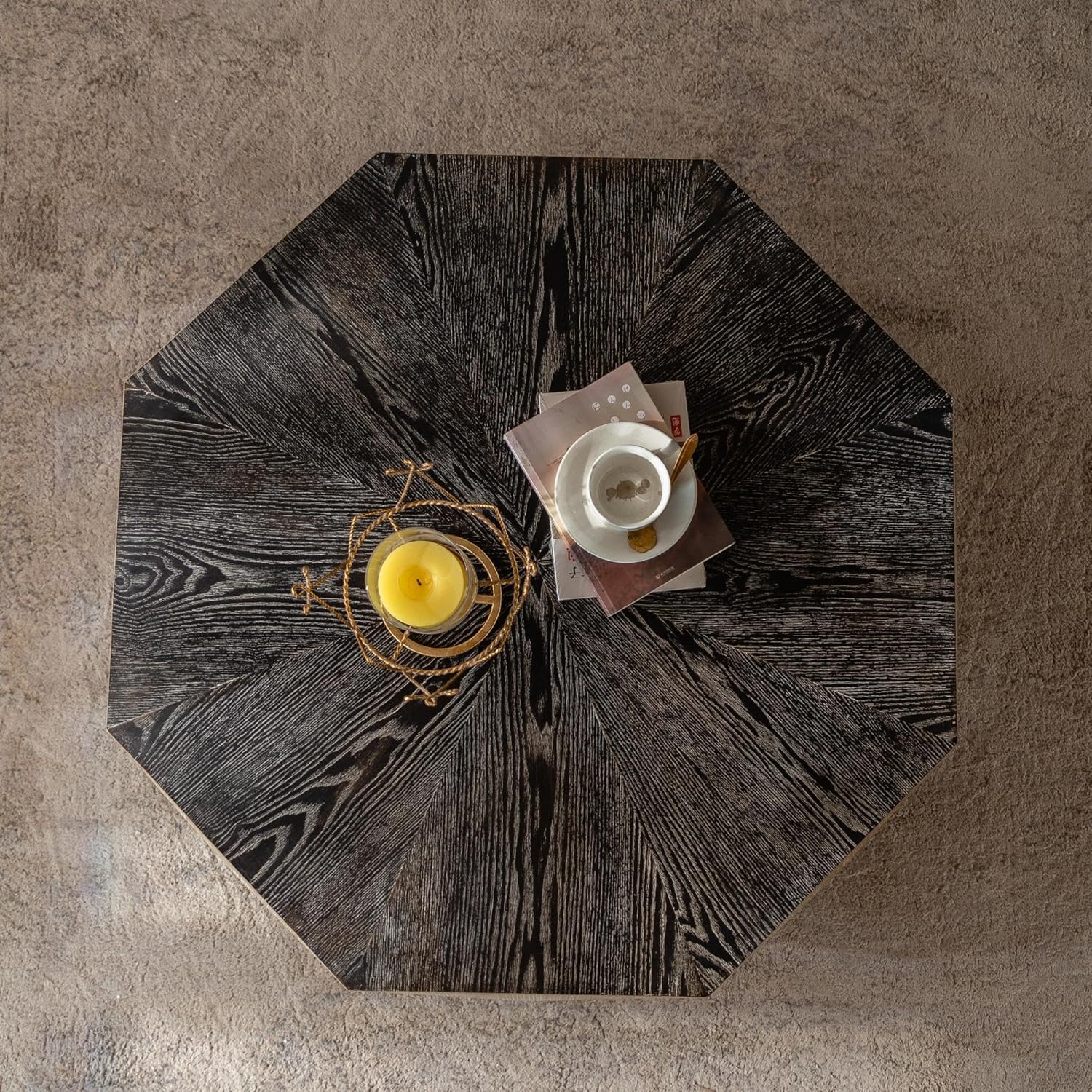 Octagon Coffee Table, 38" Retro Wood Center Table with 3-Dimensional Embossed Pattern, Rustic Cocktail Table Center Large Circle Coffee Table for Living Room Home Office Apartment, Natural Wood