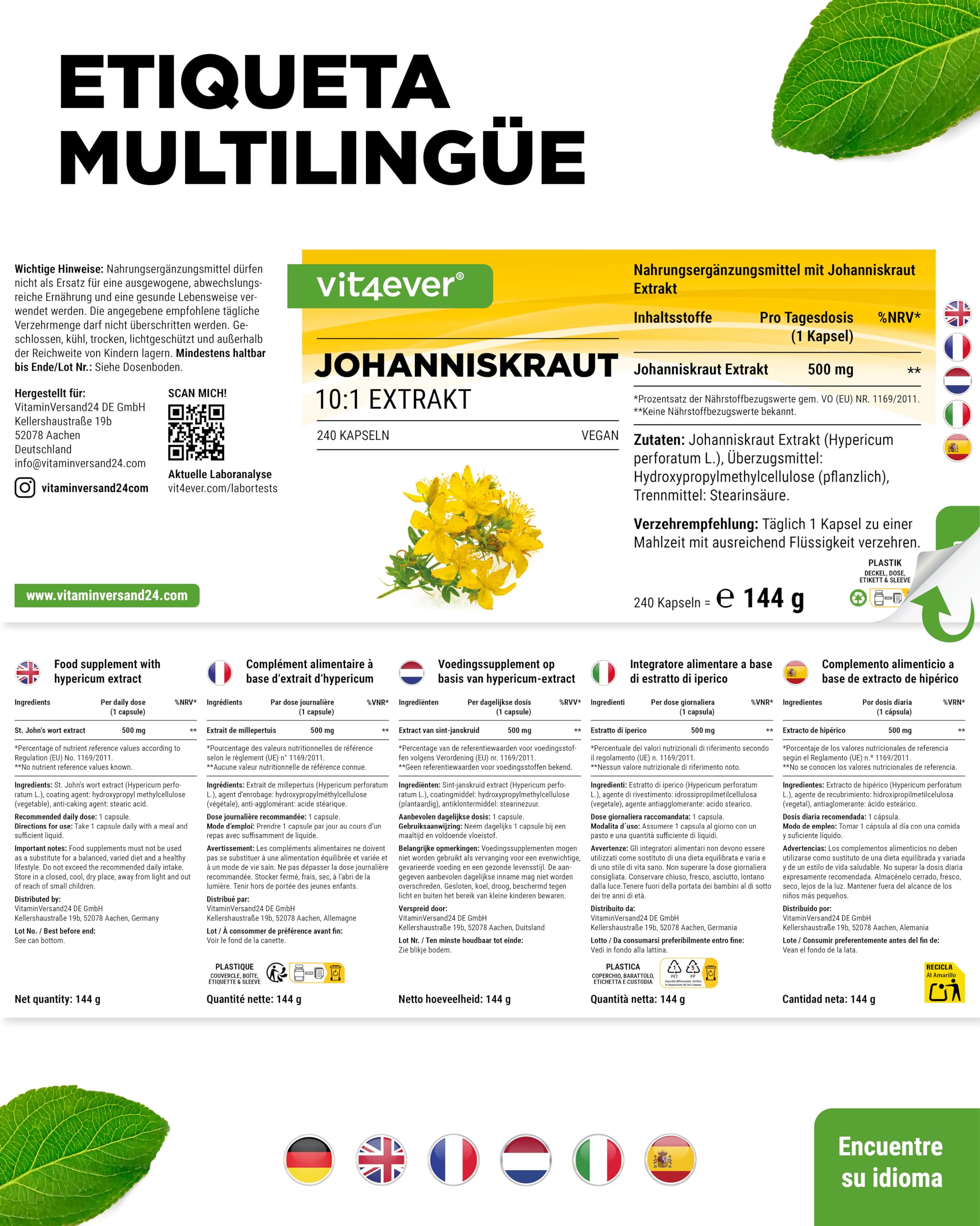 Hierba de San Juan -240 cápsulas con 500 mg de extracto de 5000 mg de Hierba de San Juan pura - Extracto natural 10:1 - Dosis alta - Vegano