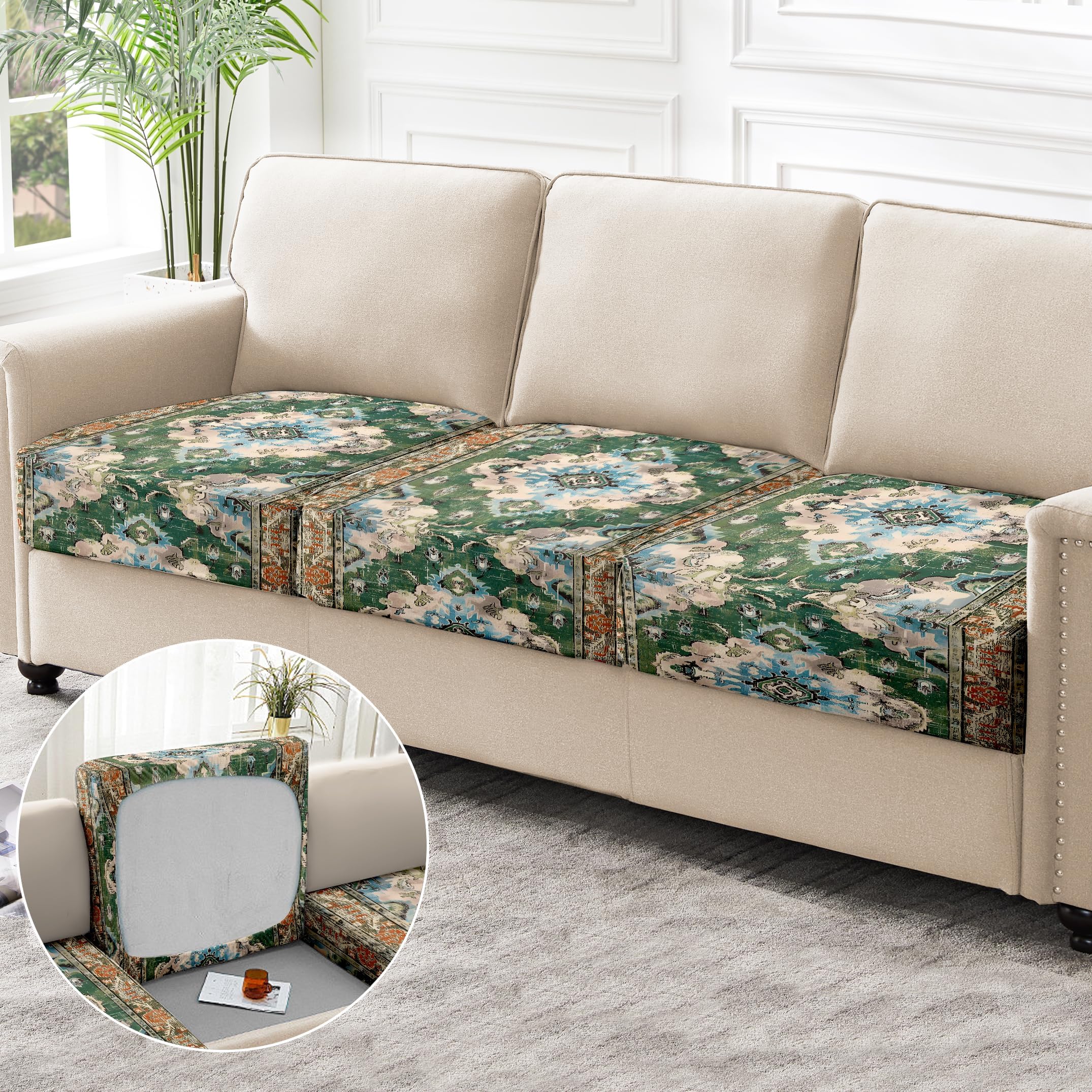 1PC Printed Couch Cushion Covers,Washable Boho Decor Printed Elastic Sofa Cover,Indoor Outdoor Sofa Slipcovers-Green