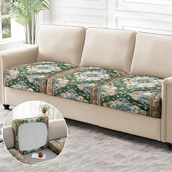 3PCS Printed Couch Cushion Covers,Washable Boho Decor Printed Elastic Sofa Cover,Indoor Outdoor Sofa Slipcovers -Green