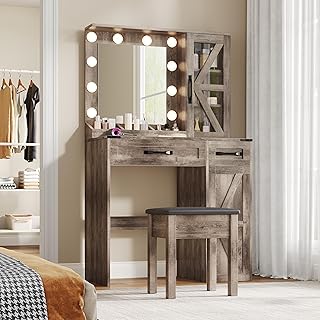 Vanity with Mirror and Lights, Farmhouse Vanity Desk, Makeup Vanity Tabl...