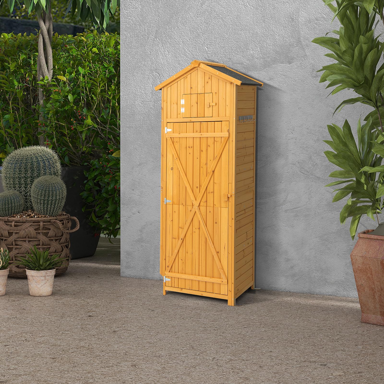 KOMFOTTEU Casetta da Giardino in legno, Capanno per Attrezzi Multifunzione, Armadietto da Giardino con Tetto a 2 Falde, Scaffale, Tavolo Pieghevole, 65 x 42 x 180,5 cm, Colore Naturale