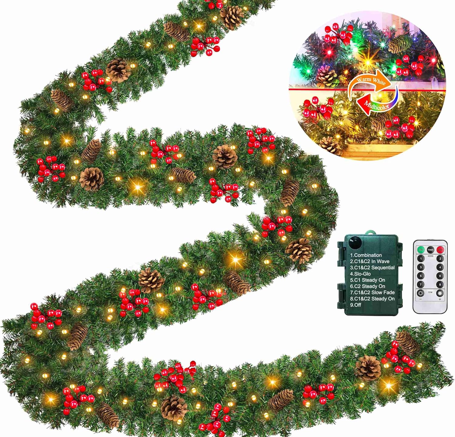 Remote Control 18 FT Extra Long Prelit Christmas Garland with 480Thick Branch Tips Pinecones & Red Berries, 100 Warm White & Multicolor LED Lights 8 Modes Timer for Stairs Mantel Doorway Decor 18FT Christmas Garland