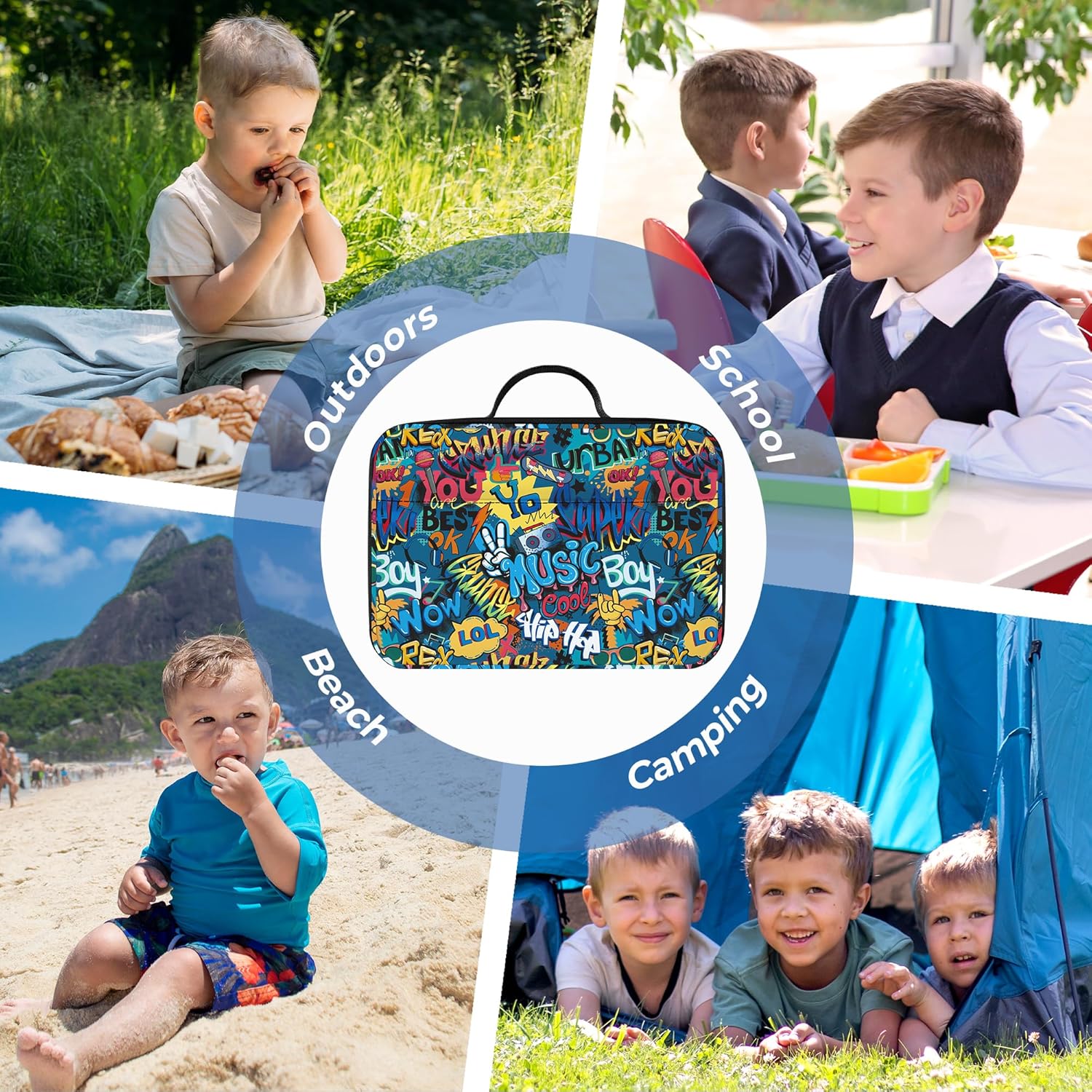 Clastyle Street Graffiti Insulated Kids Lunch Bag Large Thermal Cooler Bag for Boy Picnic School Lunch Box Tote, Words Sign - Image 7