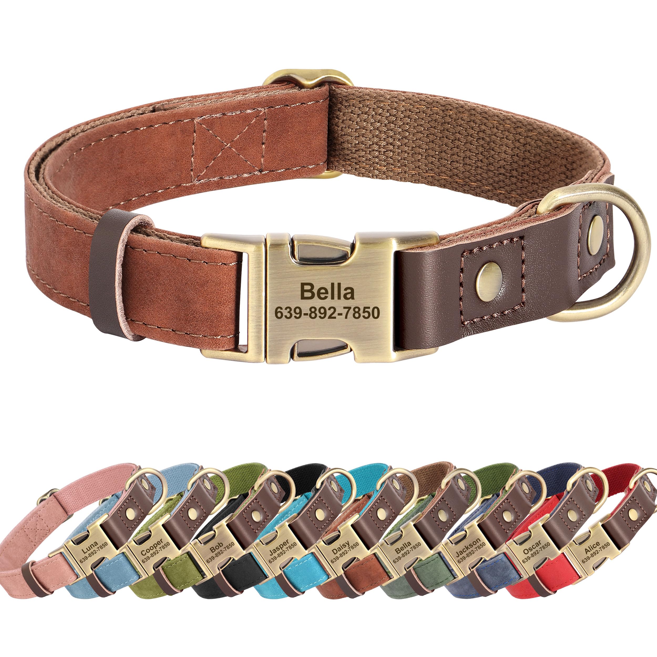 KINYABLUE Personalized Dog Collars, Custom Soft PU Leather Dog Collar with Pet Name and Phone Number for Large Dogs, Adjustable and Durable Pet