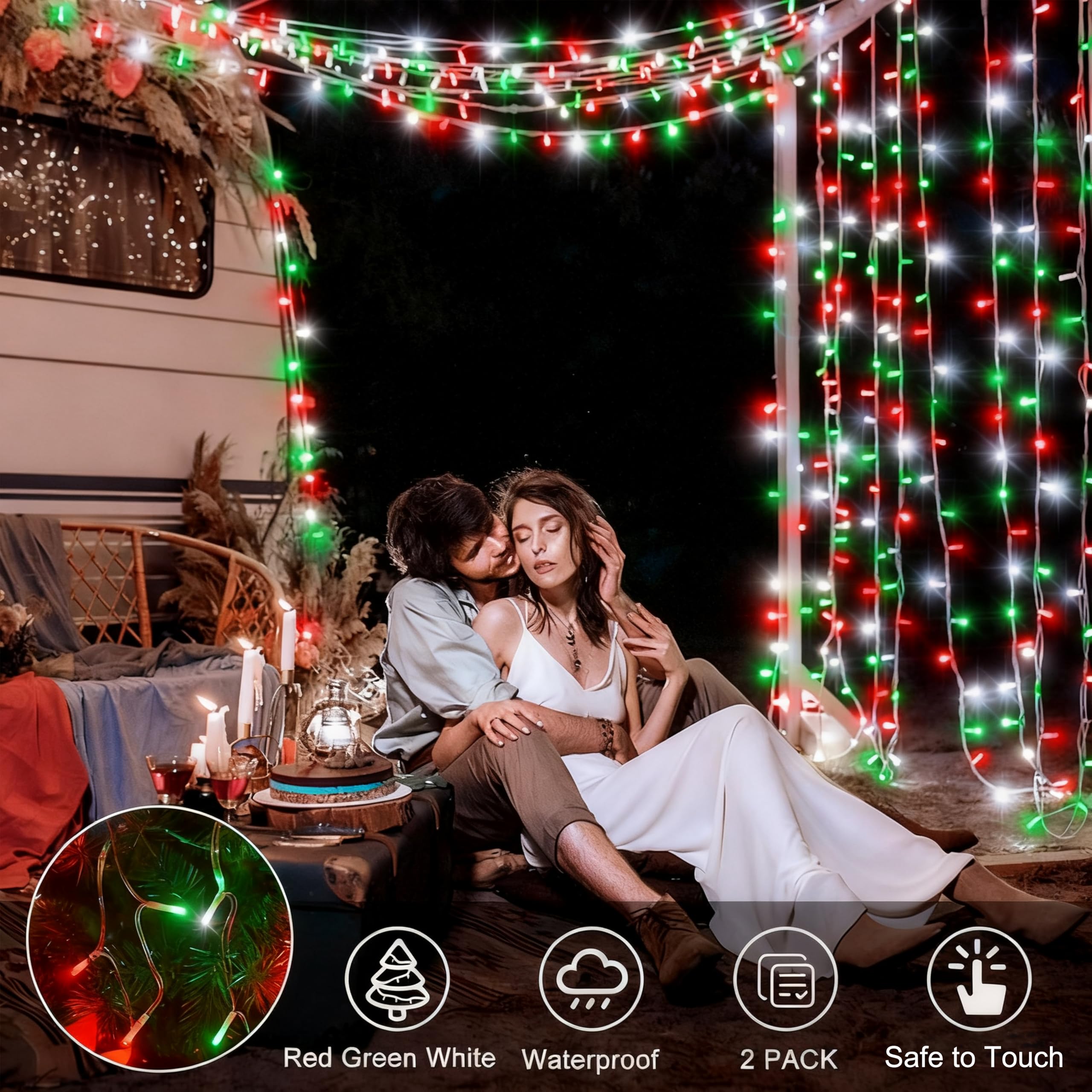 Lot De 2 Guirlandes Lumineuses à 120 LED à Piles Pour Sapin De Noël - 8 Modes - 8 Modes - Rouge, Blanc Et Vert - 10 M Chacun