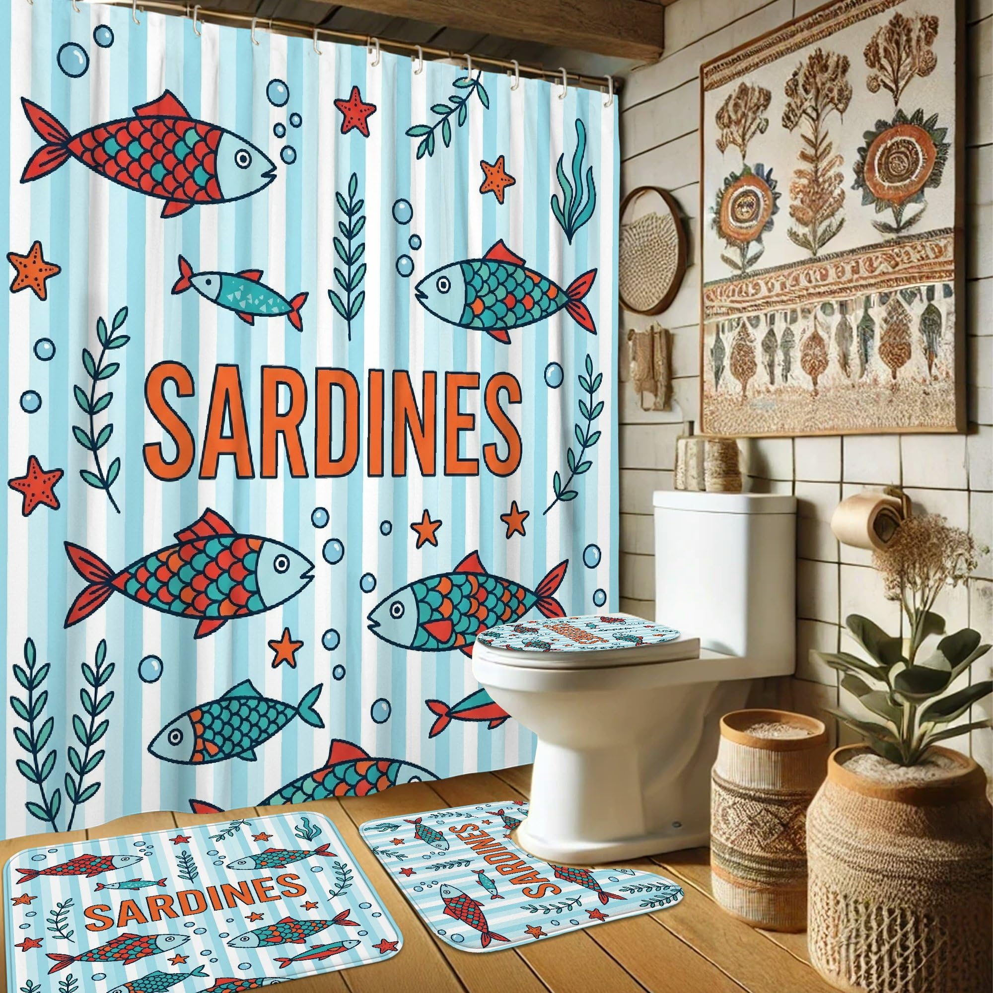 Rideau de douche poisson 183x183 avec tapis bleu pour rideaux de salle de bain