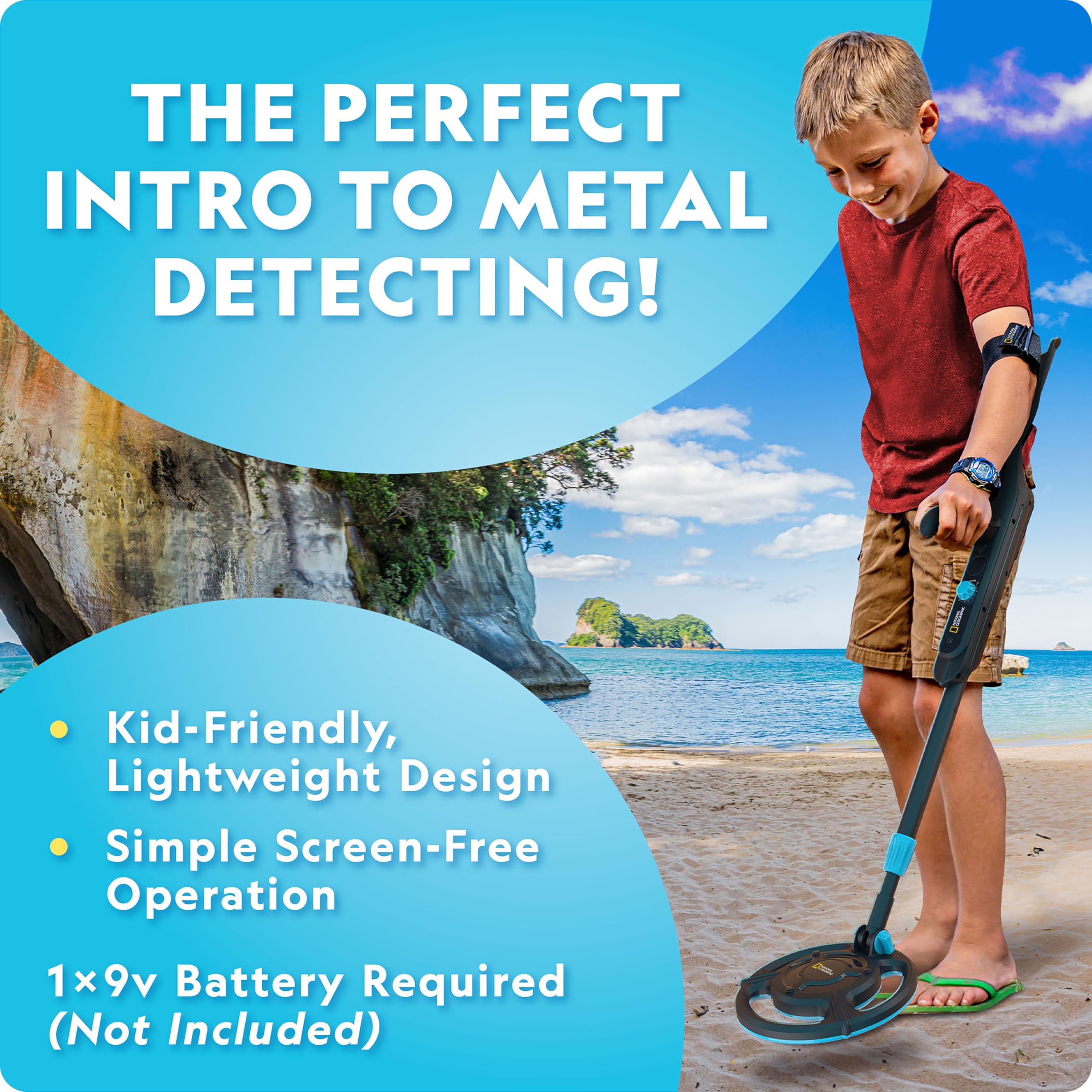 NATIONAL GEOGRAPHIC Détecteur de Métaux Enfant – Kit de Détection avec Bobine Étanche de 18,8 cm et Pelle, Idéal pour la Plage et la Chasse au Trésor dès 8 Ans