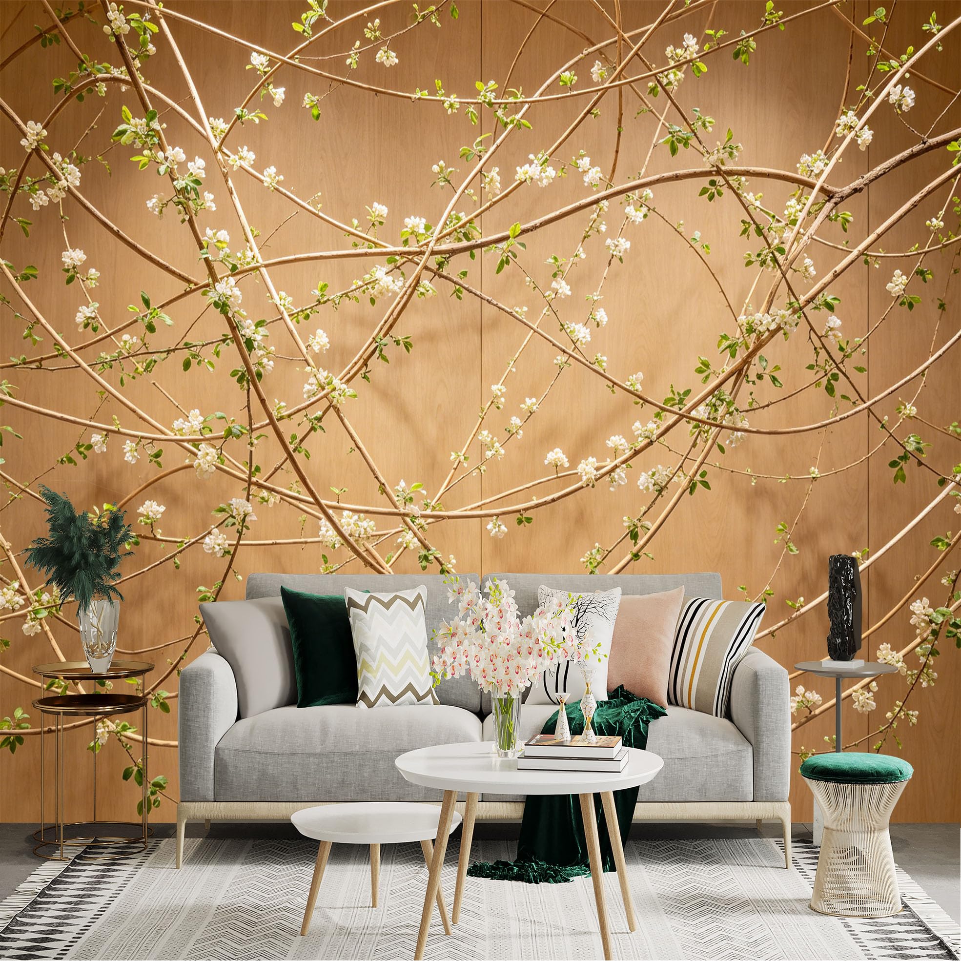 Lnzczhyre Dbh260521483 Custom Size Wall Sticker Mural， Minimalist White Cherry Blossom Branches， Intertwined Twigs With Small Flowers， Natural Wood Background， For Wall Decoration， Peelandstick Wall Decals.