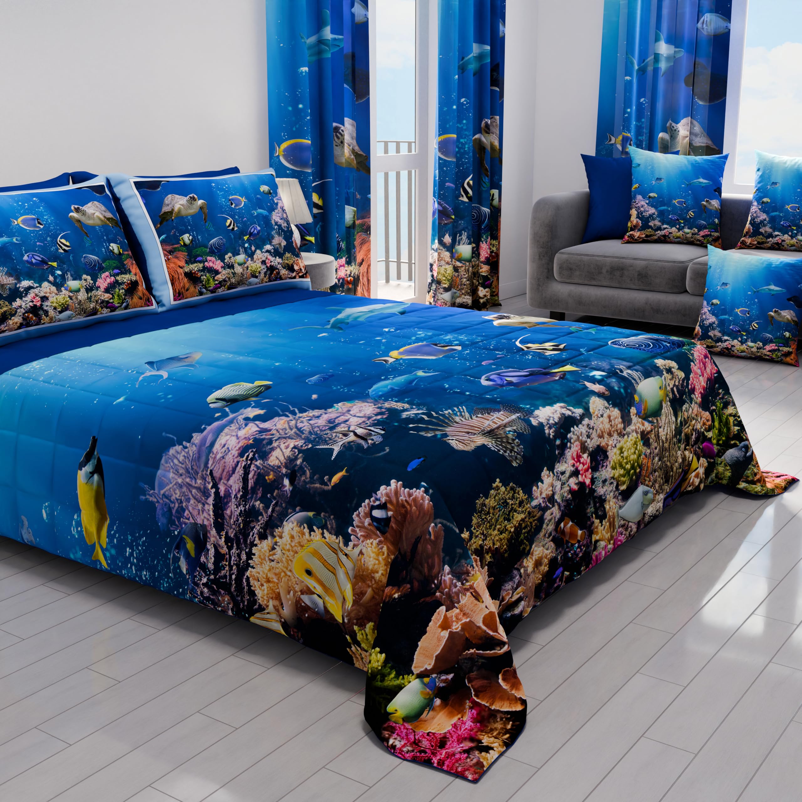 PETTI Artigiani Italiani - Copriletto Matrimoniale Estivo 260x270cm 100 g/m² Double Face, Trapuntino Matrimoniale Primaverile, Trapunta Leggera, Acquario, 100% Made in Italy