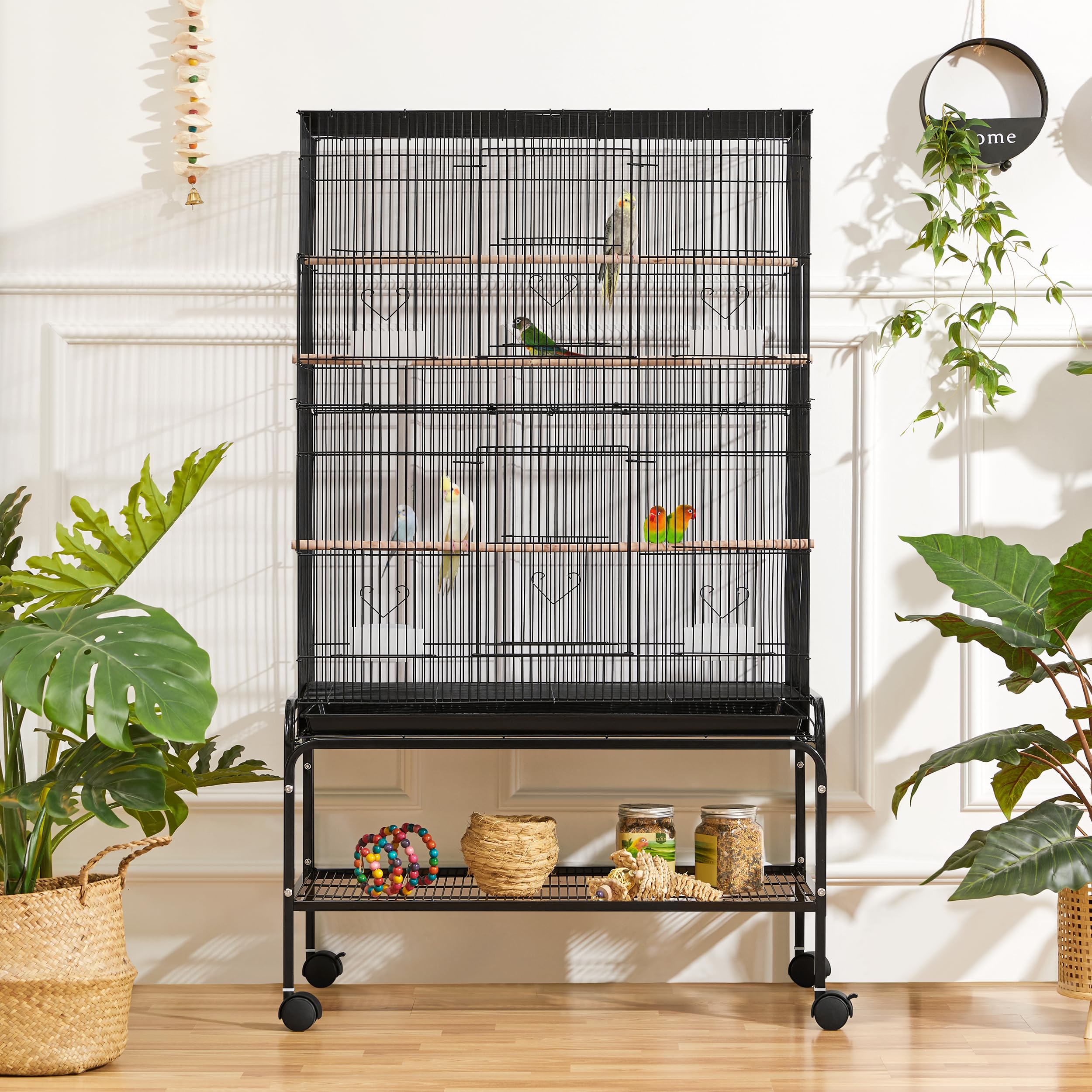 Gabbia Voliera per Uccelli Canarini Pappagalli, Grande con Ruote, Vassoio Estraibile, da Interno ed Esterno 79 x 49 x 135 cm Nero