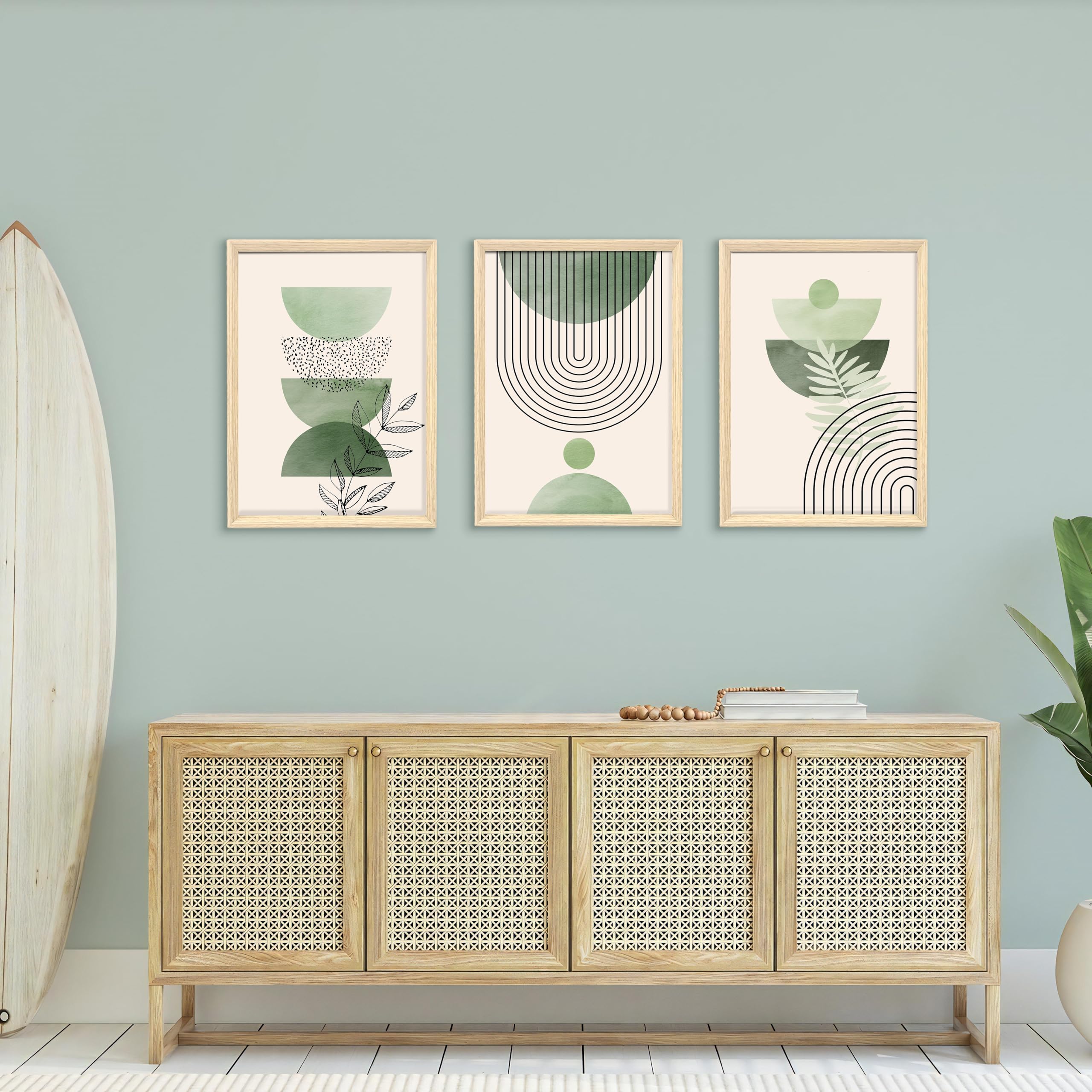 3 Pcs Wooden Framed Canvas Wall Art Set Bohemian Sage Green Canvas Prints Poster Geometric Line Beige Green Pictures for Living Room Bedroom Dinning Room Hallway Stairs Wall Decor 30x40cm x3pcs — view 393