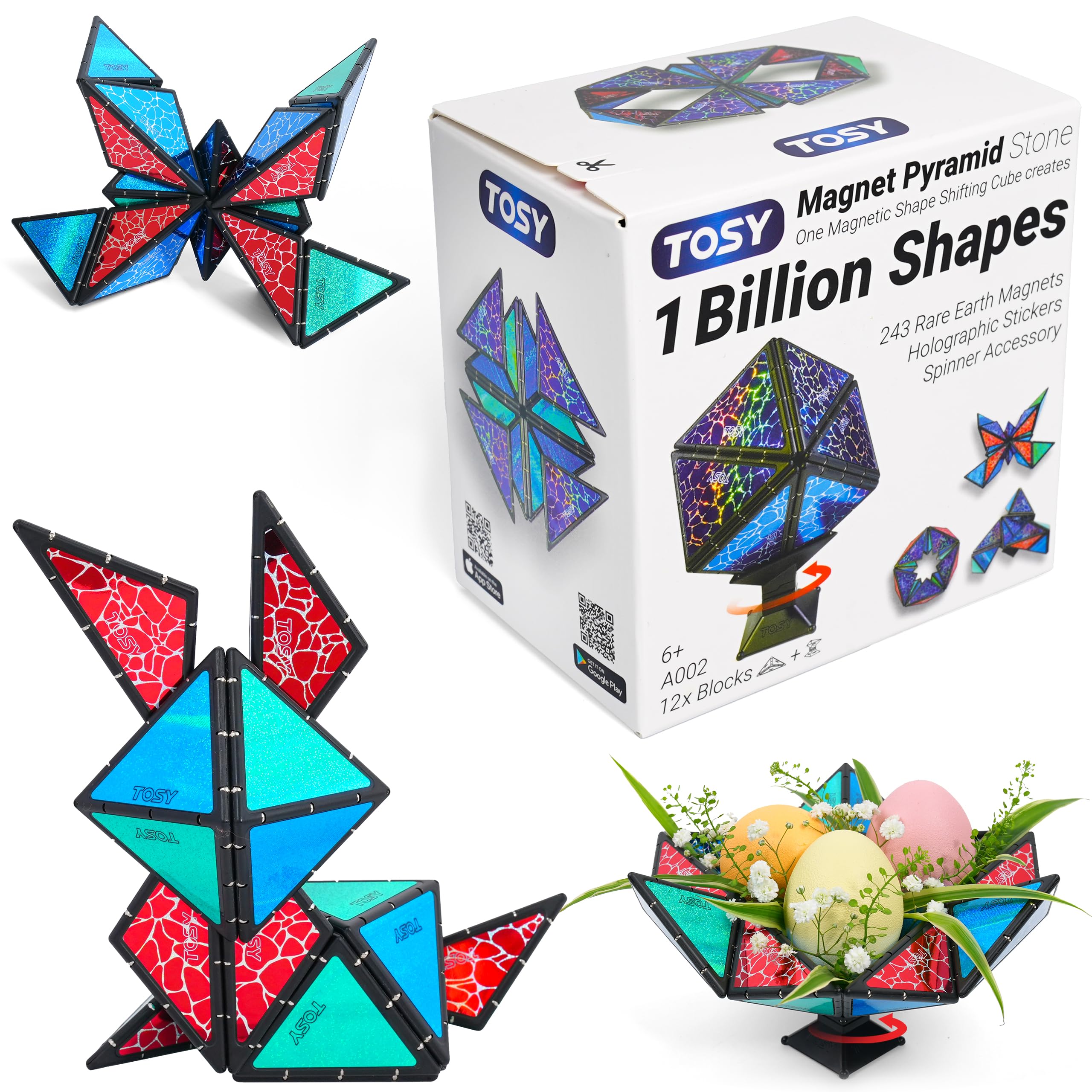 TOSY Magnet Pyramid Stone - 1 Cube Transforms into 1 Billion Shapes, 12 pieces, 243 Magnets, Christmas Stocking Stuffers Gift for kids, Holographic Design, Creative Puzzle STEM Toy