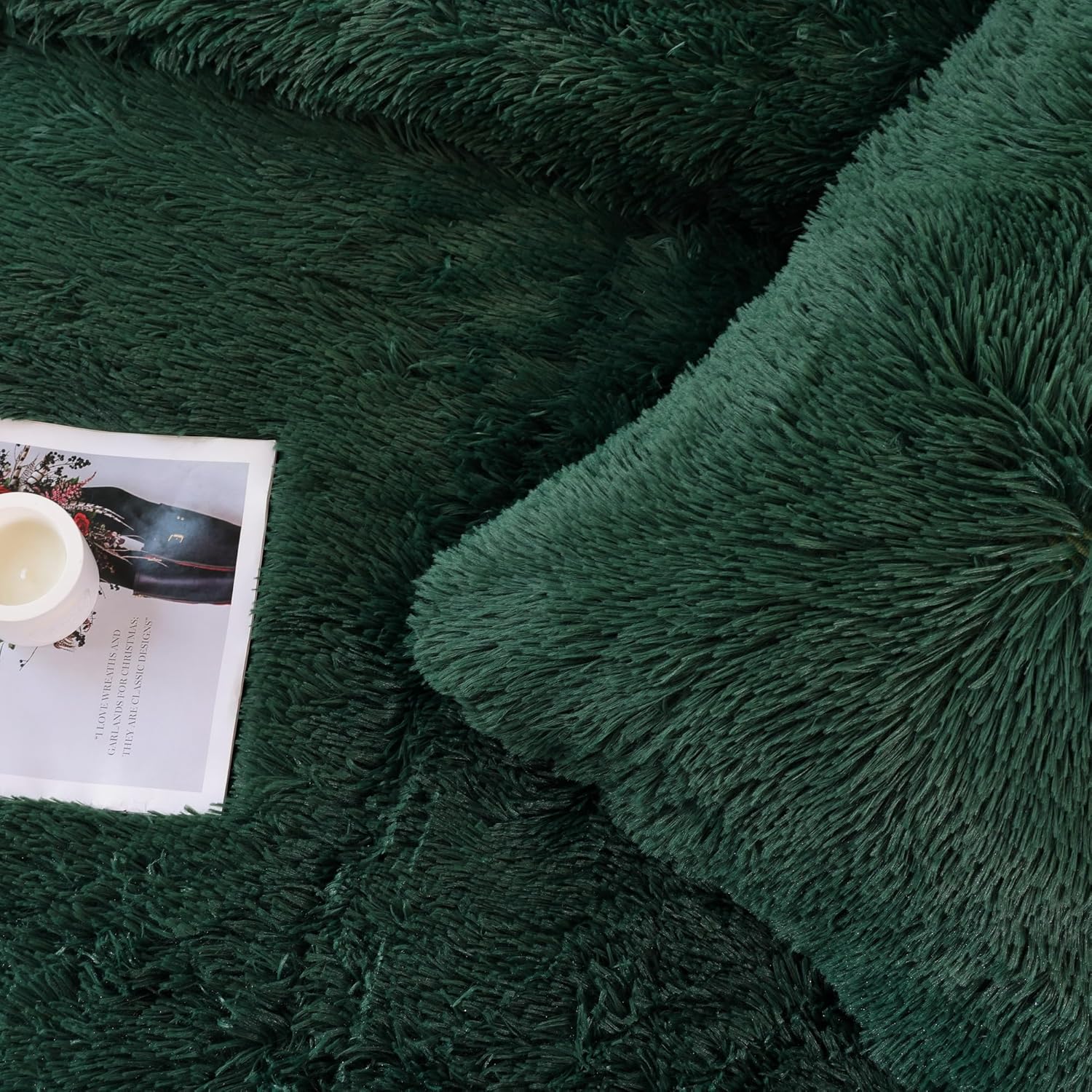 Smoofy Fluffy Queen Comforter Set, Faux Fur Comforter Set Queen Size, Luxury Fuzzy Bedding Set, Soft Shaggy Bed Set for All Season, 3 Pieces - 1 Comforter & 2 Pillowcases, Dark Green - Image 7