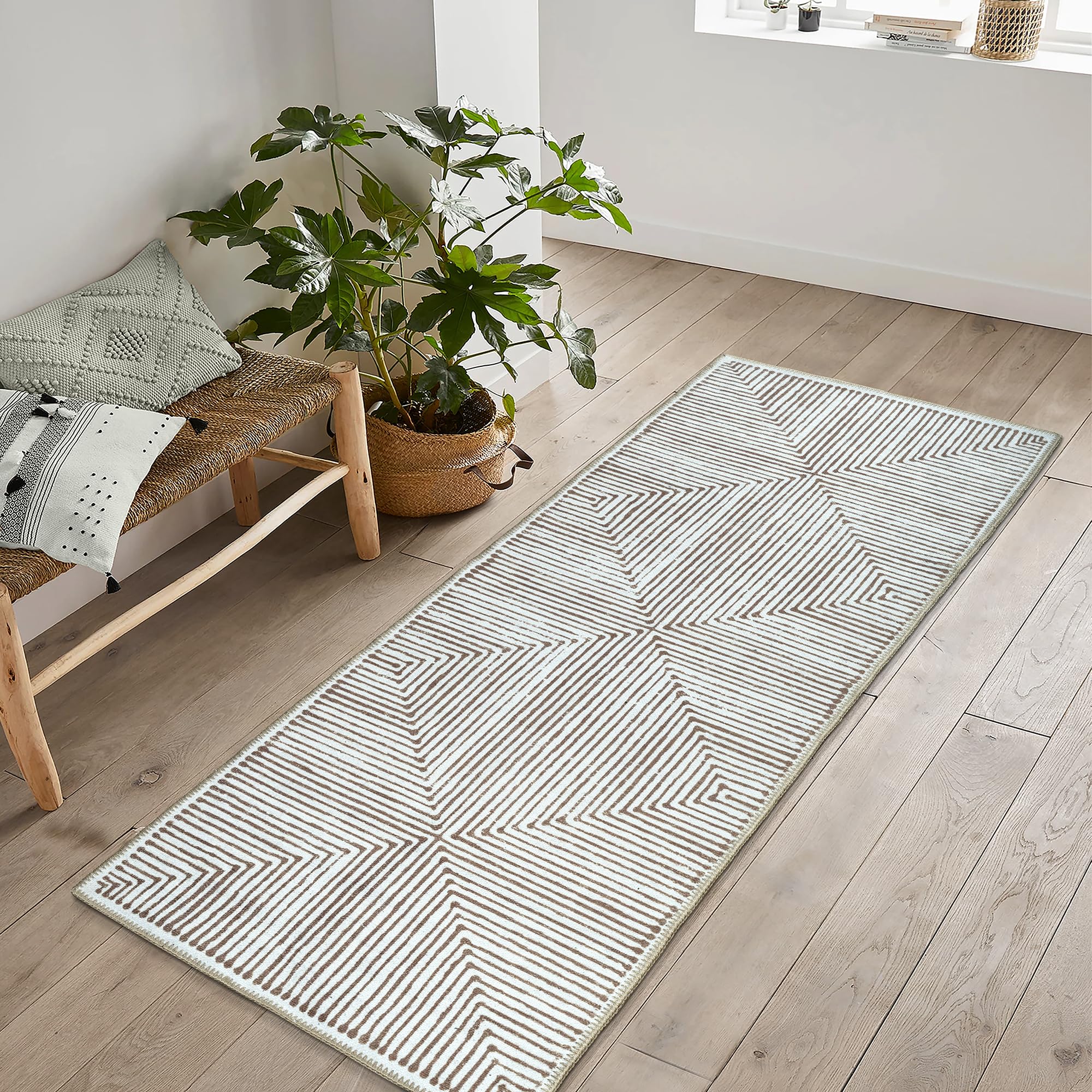 Bloom Rugs Washable Non-Slip 7 ft Runner - Brown Striped Runner for Entryway, Hallway, Bathroom, and Kitchen - Exact Size: 2.5' x 7'