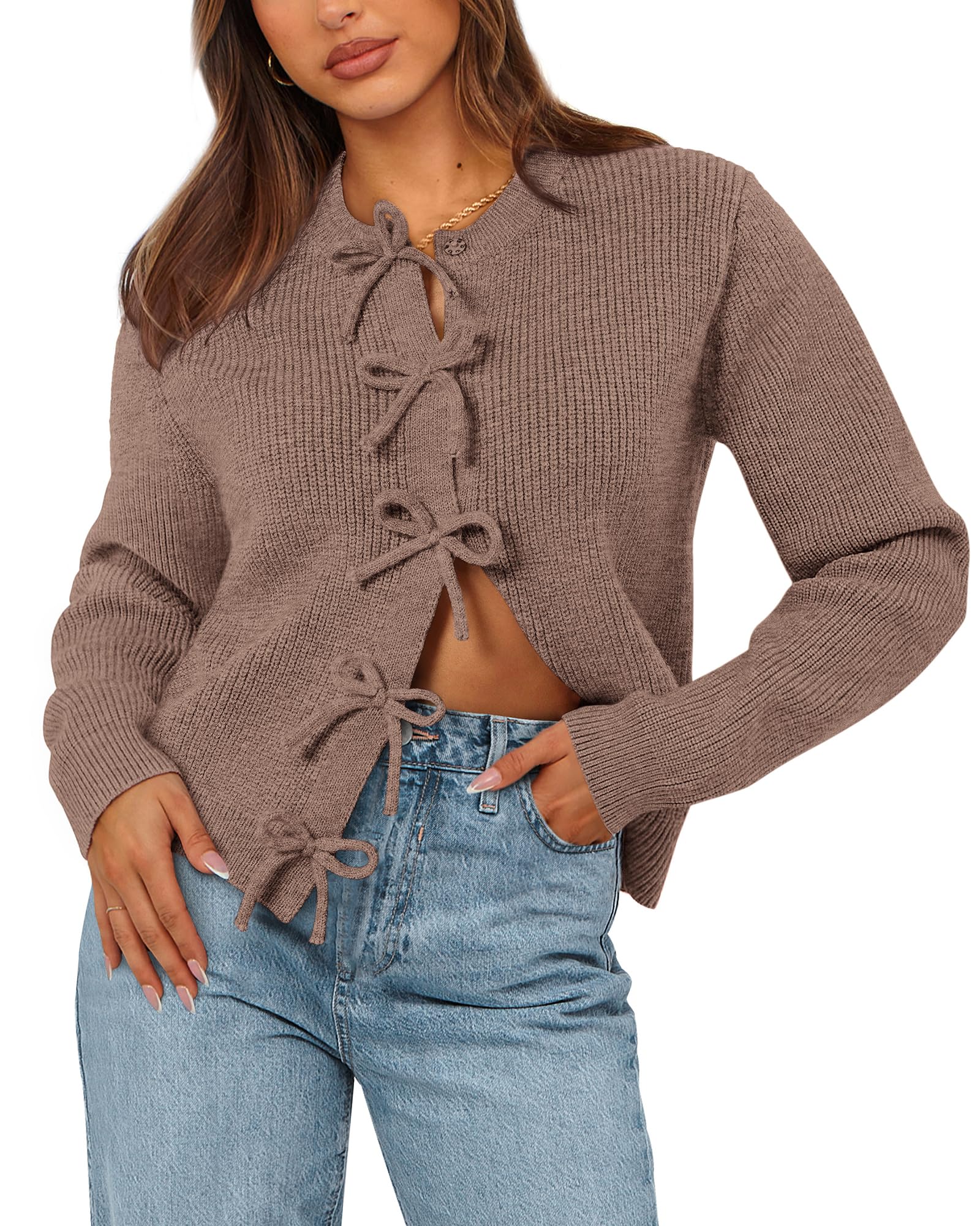 BTFBM Bow Cardigan Sweaters for Women Trendy 2025 Fall Winter Open Front Long Sleeve Button Down Cropped Lady