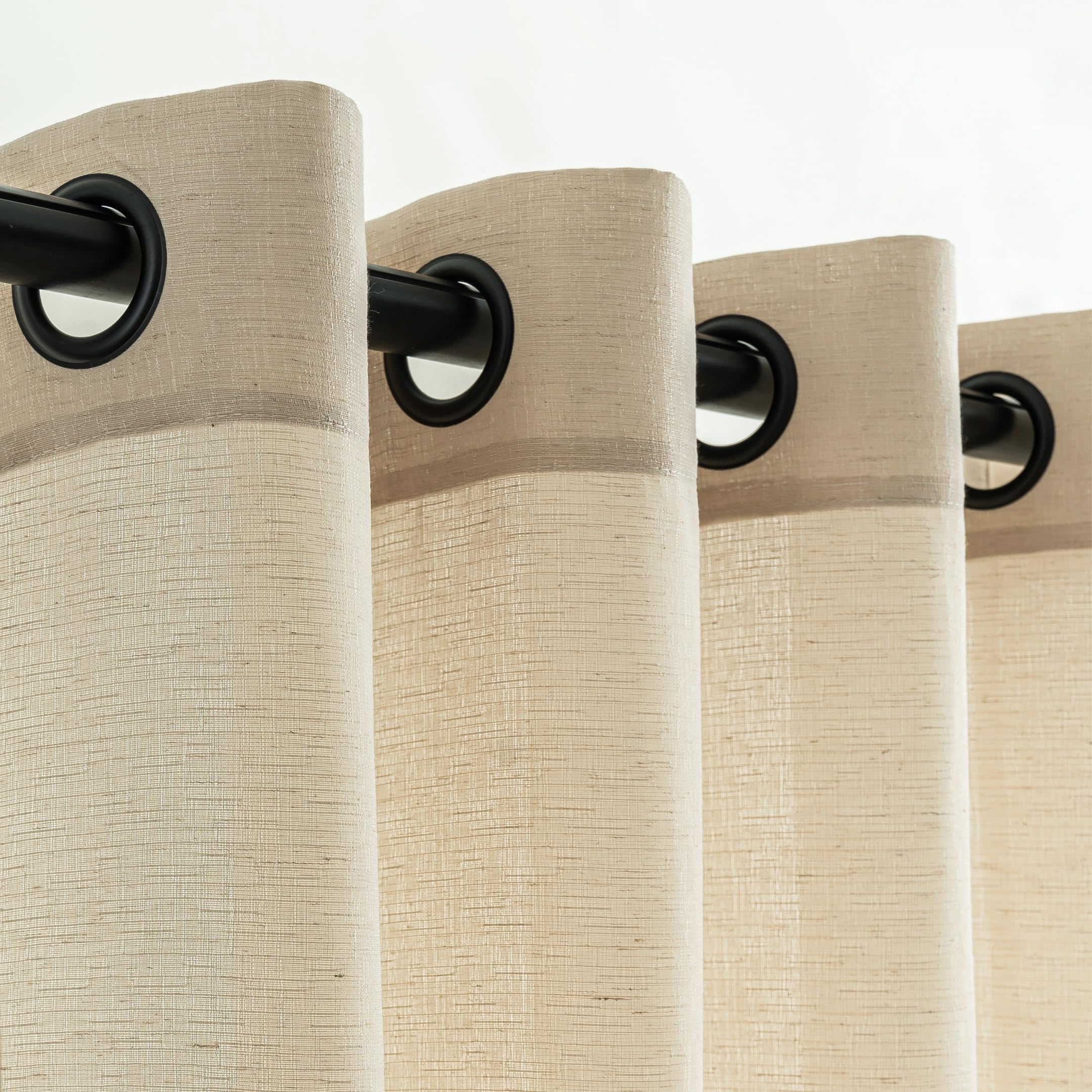 VOILYBIRD Linen Curtains 96 Inches Long 2 Panels for Living Room, Semi Sheer Linen Drapes Black Grommet Basketweave Texture Curtains, 52”W x 96”L, Beige