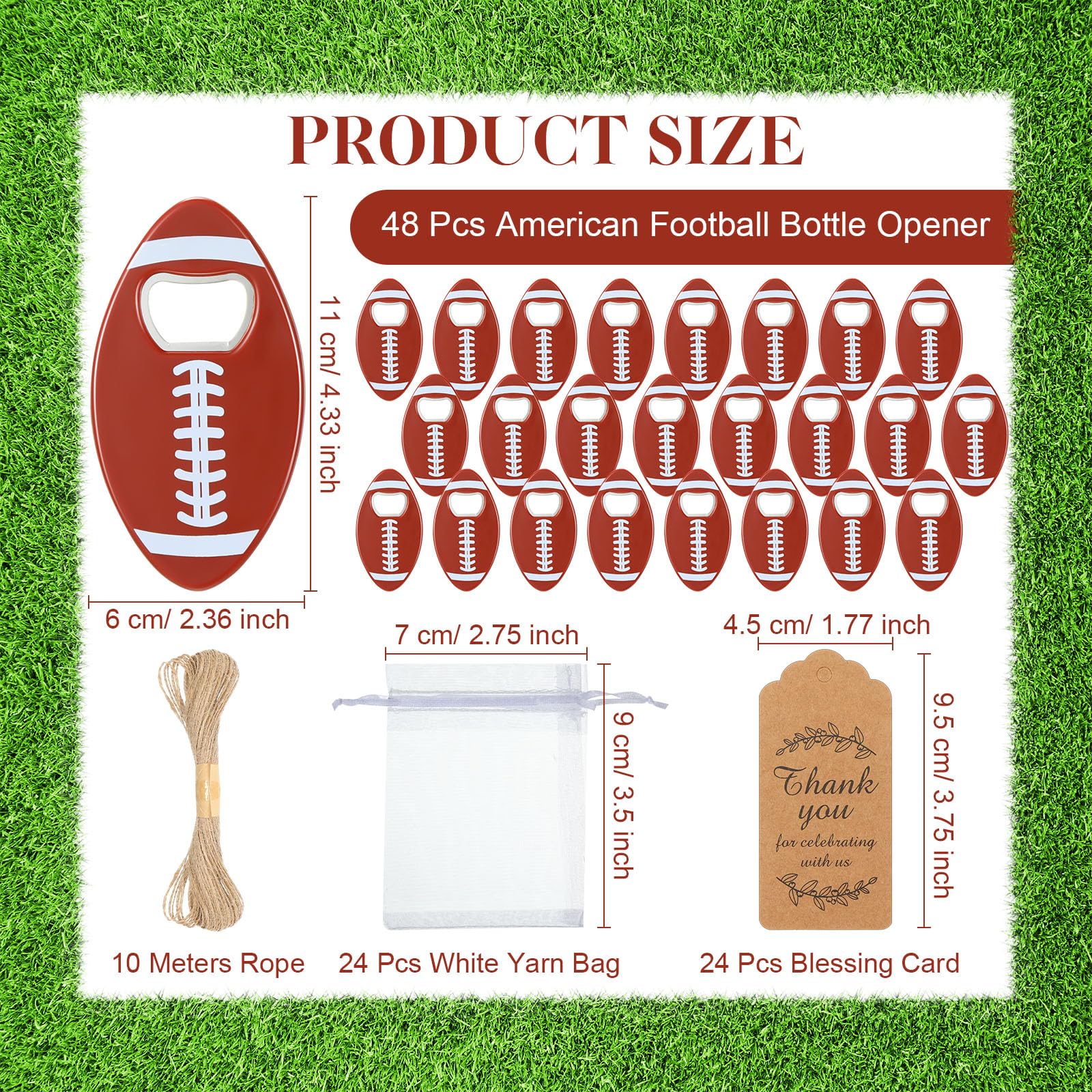 Layhit 48 Sets American Football Flaschenöffner mit Organza-Beuteln, Dankeschön-Etiketten, Fußball-Flaschenöffner, lustige Geschenke für Männer und Frauen, Sportbegeisterte, Studenten,