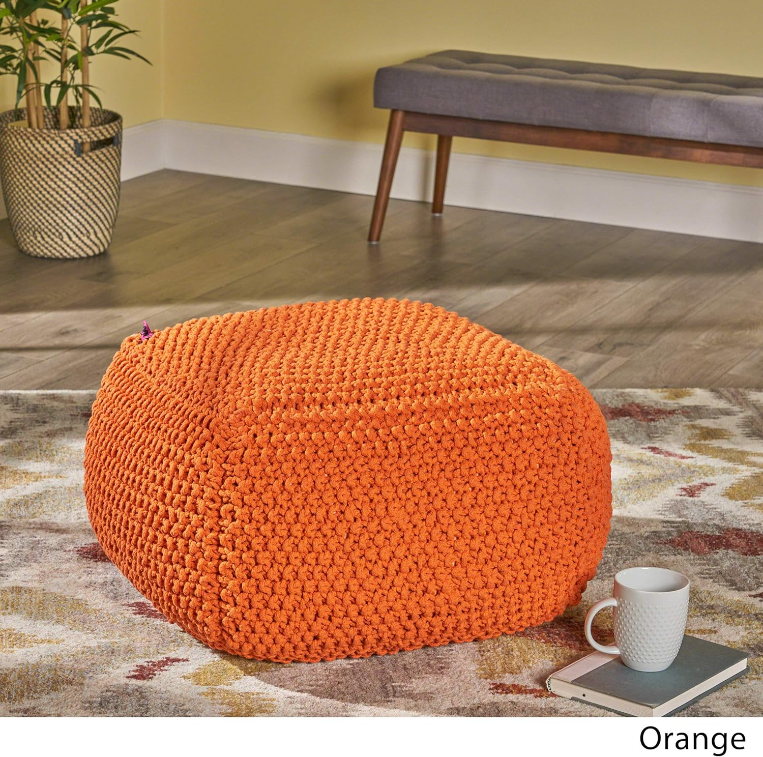 Christopher Knight Home Lucy Knitted Cotton Square Pouf, Orange, Small