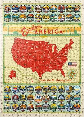 Explore America Map 50 emblemas estatales, póster vintage del orgullo estatal, rompecabezas premium de 500 piezas para adultos