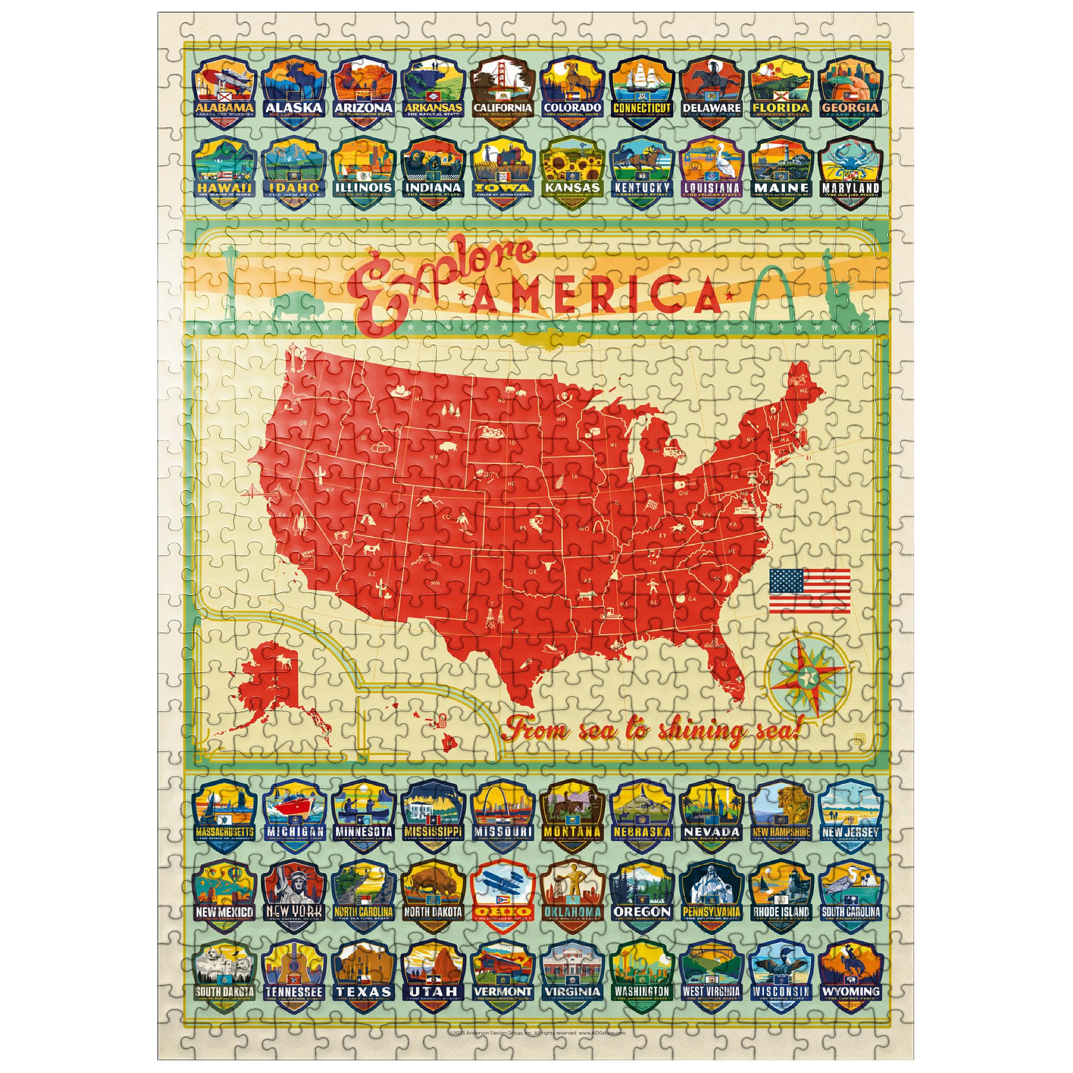 MyPuzzle Explore America Map: 50 State Emblems, State Pride Vintage Poster - Premium 500 Piece Jigsaw Puzzle for Adults