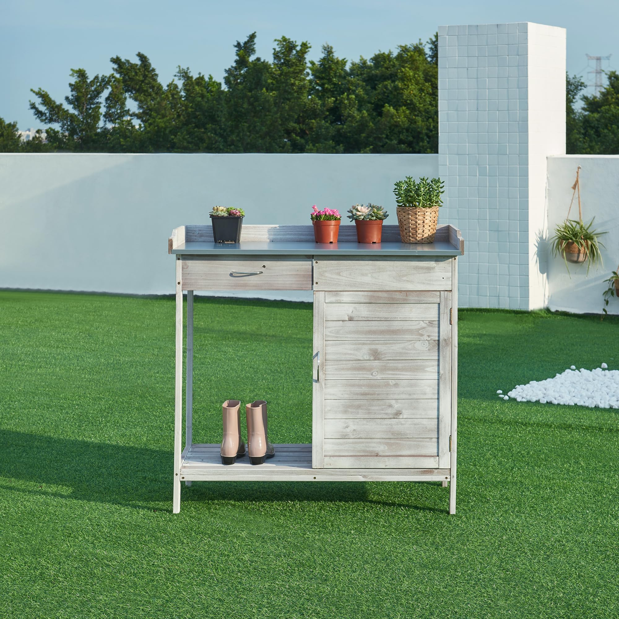casa.pro Mesa de Jardinería Aliano con 2 Compartimentos Cerrados 1 Cajón Extraíble Mesa Auxiliar Jardín para Plantación Mesa de Cultivo Madera de Abeto Acero 98x48x94 cm - Gris