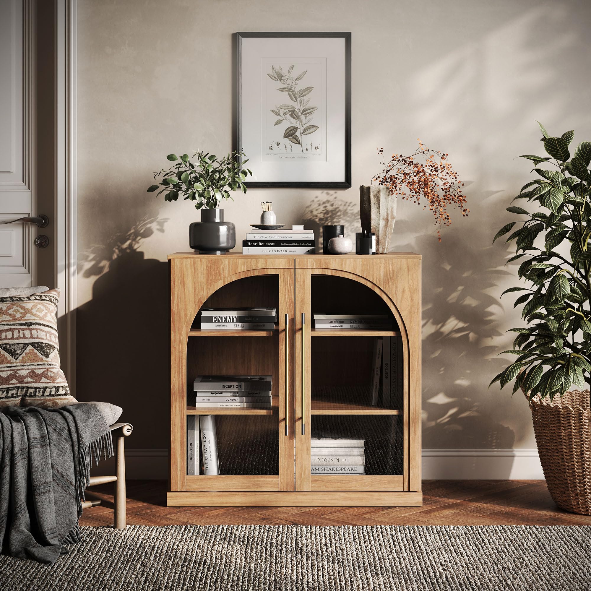 BELLEZE 32.5" Kitchen Storage Cabinet with Adjustable Shelves,Freestanding Accent Cabinet with Fluted Arched Design & Gold Handles,Modern Credenza for