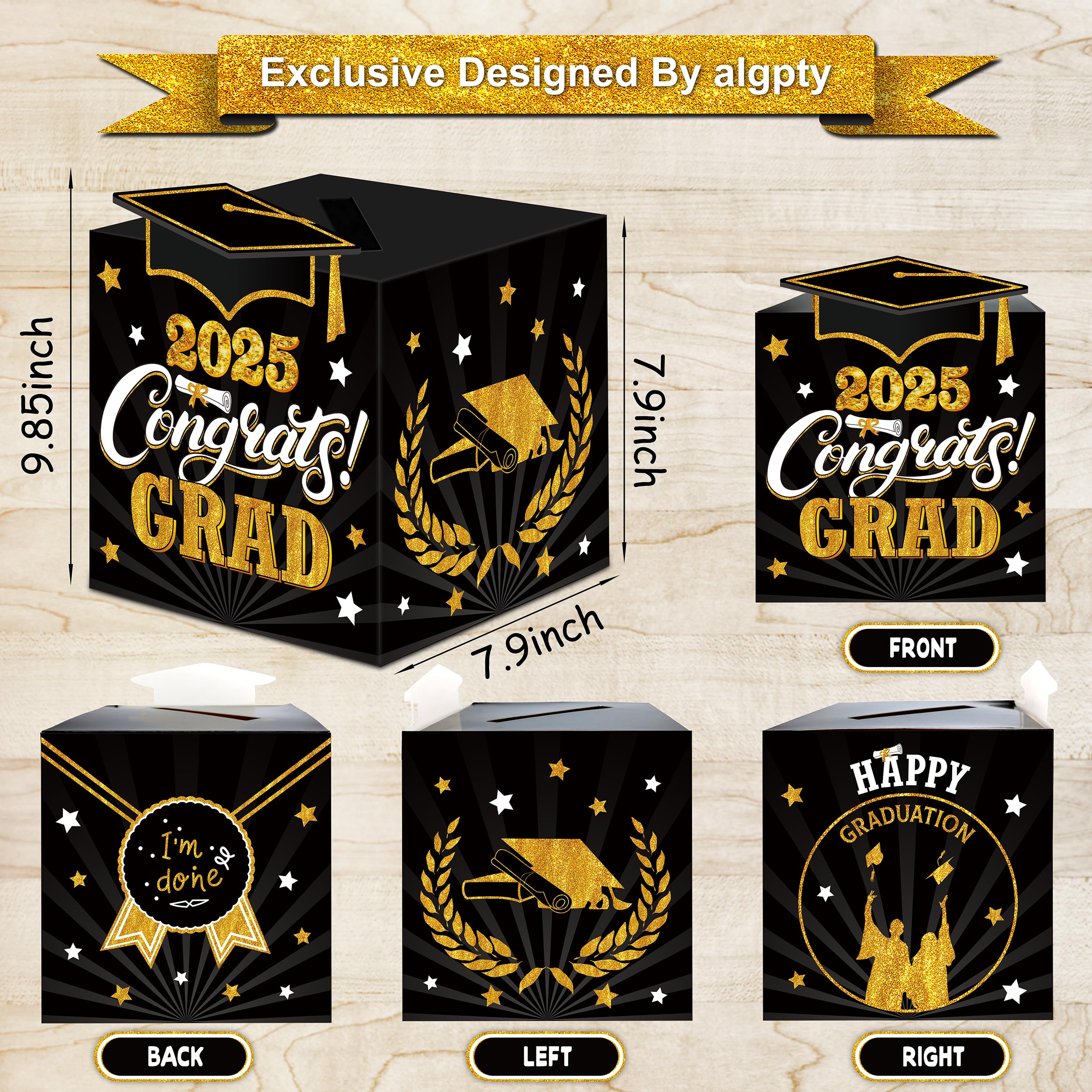 algpty Graduation Decorations Black and Gold 2025 - Guest Book Alternative, Graduation Cards Box with 36PCS Graduation Advice Cards, Signature Board Congrats Grad Decoration Graduation Supplies 2025