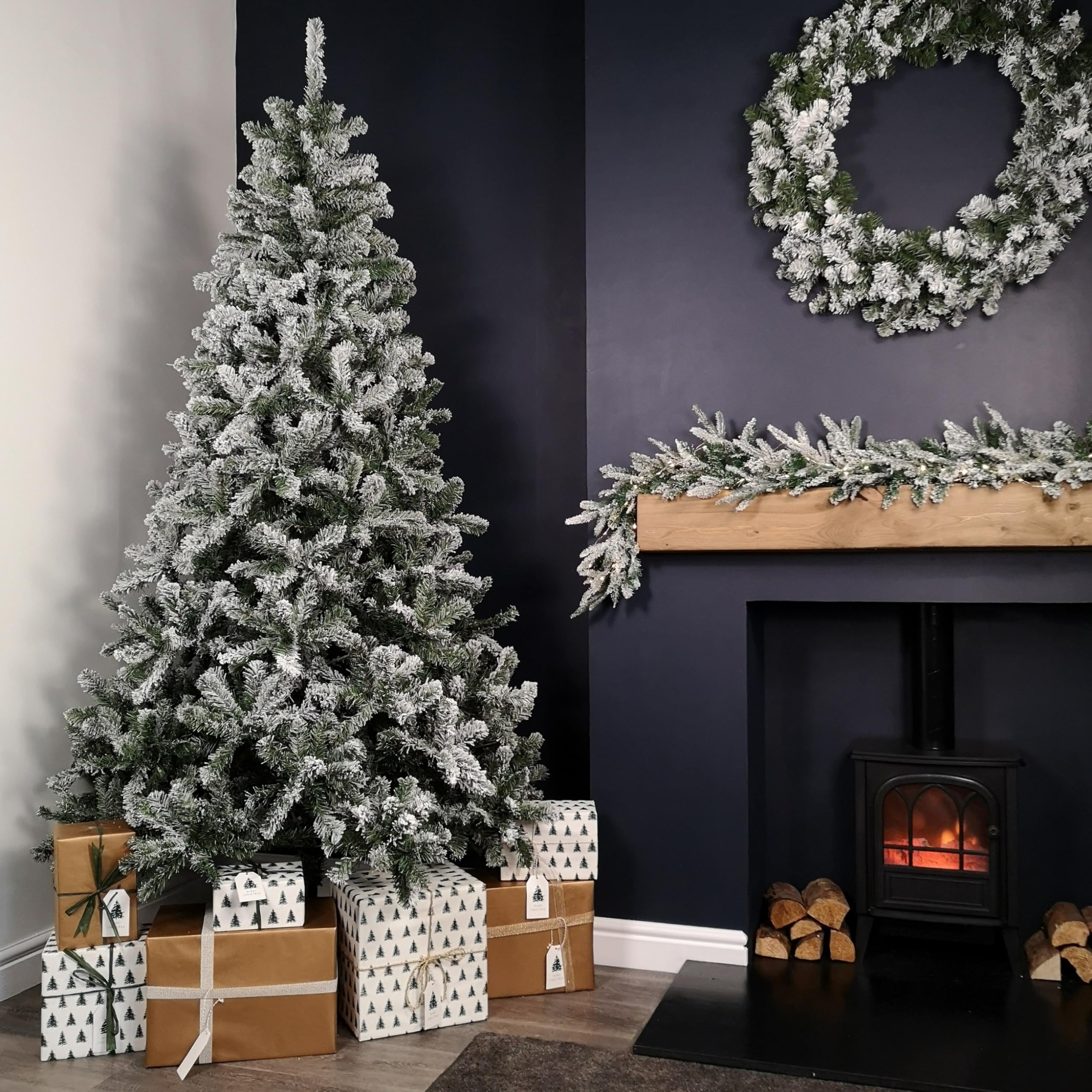 Green 8Ft (2.4M) Snow Flocked Woodcote Spruce Artificial Christmas Tree