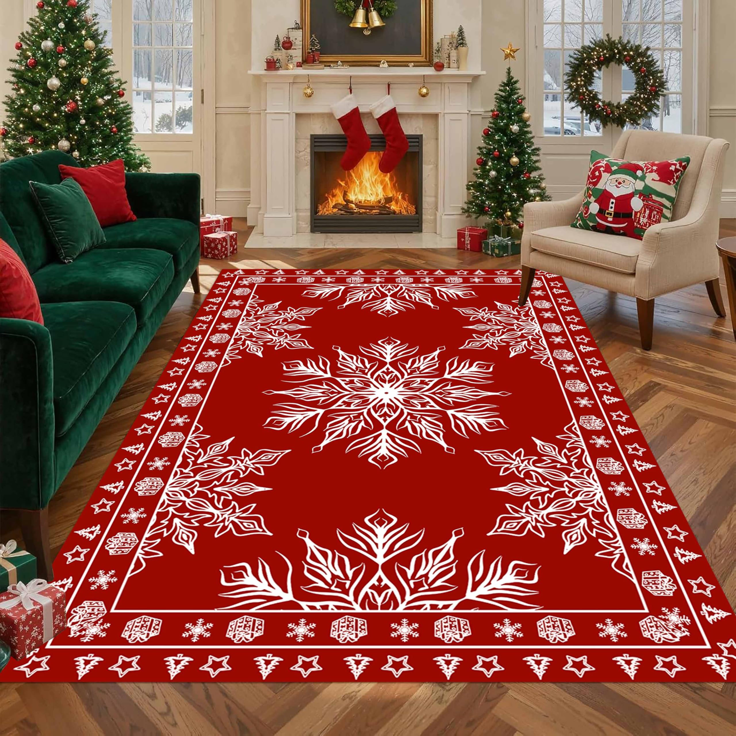 LHOMKCV Snowflake Print Area Rug, 120x180cm, Xmas Modern Boho Minimalist Red Carpet, Snowflakes Floral Christmas Rugs, Lightweight Non Slip Washable Decor Mat for Laundry Bedroom โ image 1