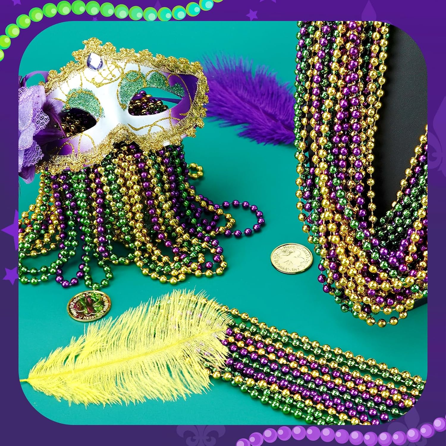 ZZYFGH 12PCS Mardi Gras Beads, Gold Green Purple Mardi Gras Metallic Beads Costumes Necklaces Bulk, 33" Mardi Gras Necklace, Festival Parade Throw Accessories for Wedding Birthday Celebrations Decorations - Image 4