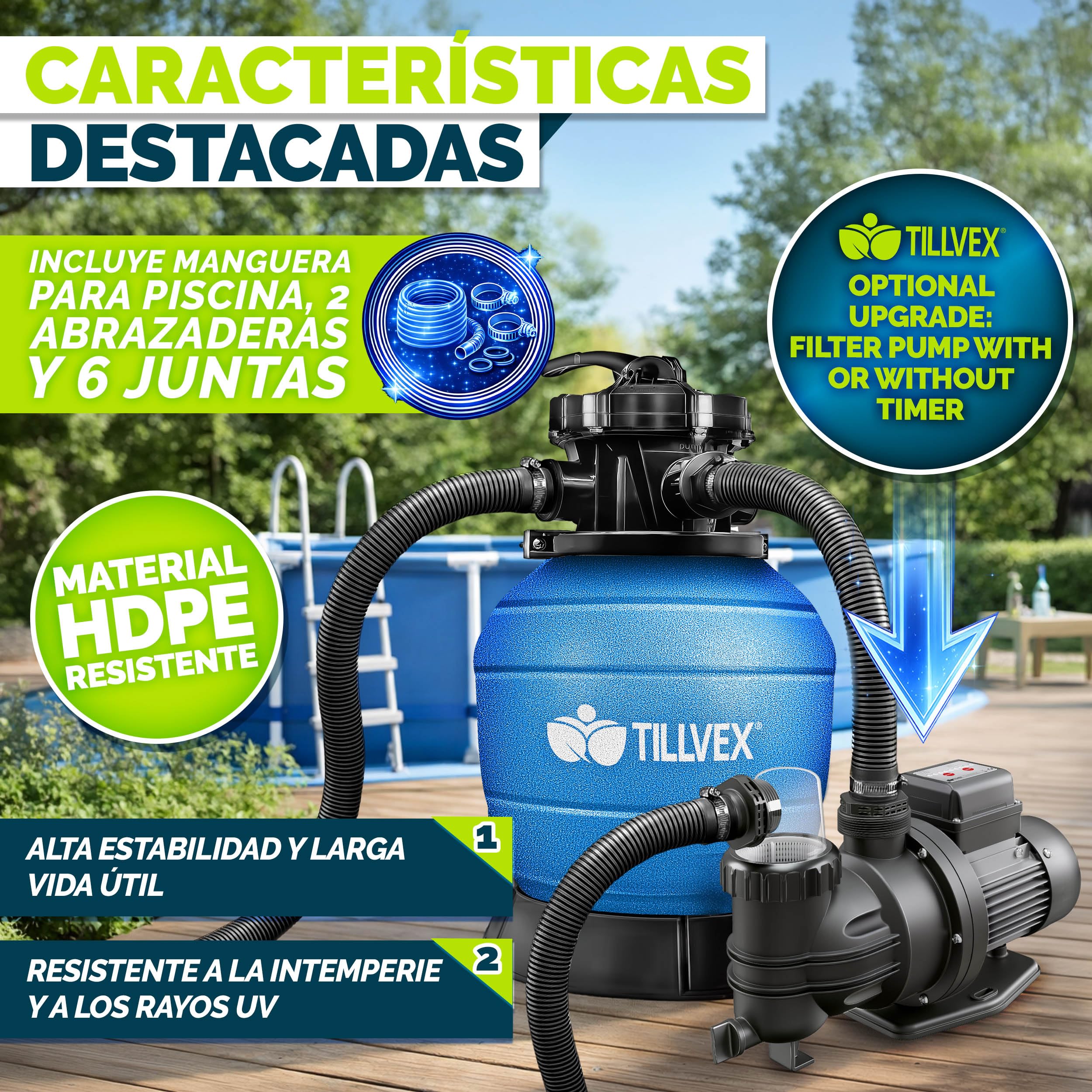 tillvex® Filtro de Arena para Piscina SIN Bomba + Bolas filtrantes hasta 50 m³ (50.000 litros) | Depósito Filtro Piscina Incl. Adaptador Ø32-38mm | Válvula 7 vías, manómetro & Tubo de aspiración