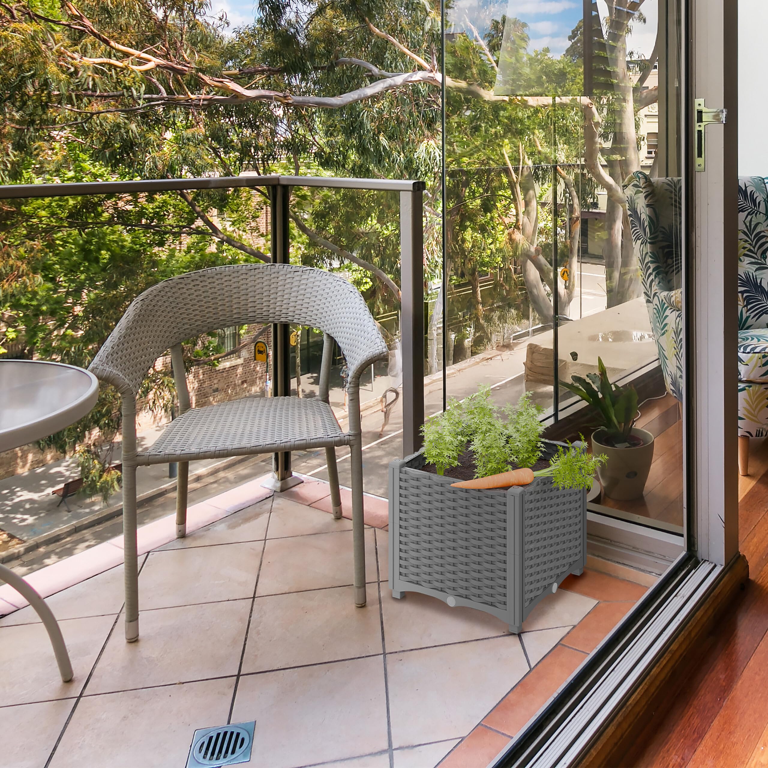 Relaxdays Huerto Urbano, Efecto Ratán, 38 x 80 x 40 cm, Jardín, Balcón y Terraza, Depósito de Agua, Jardinera, Gris