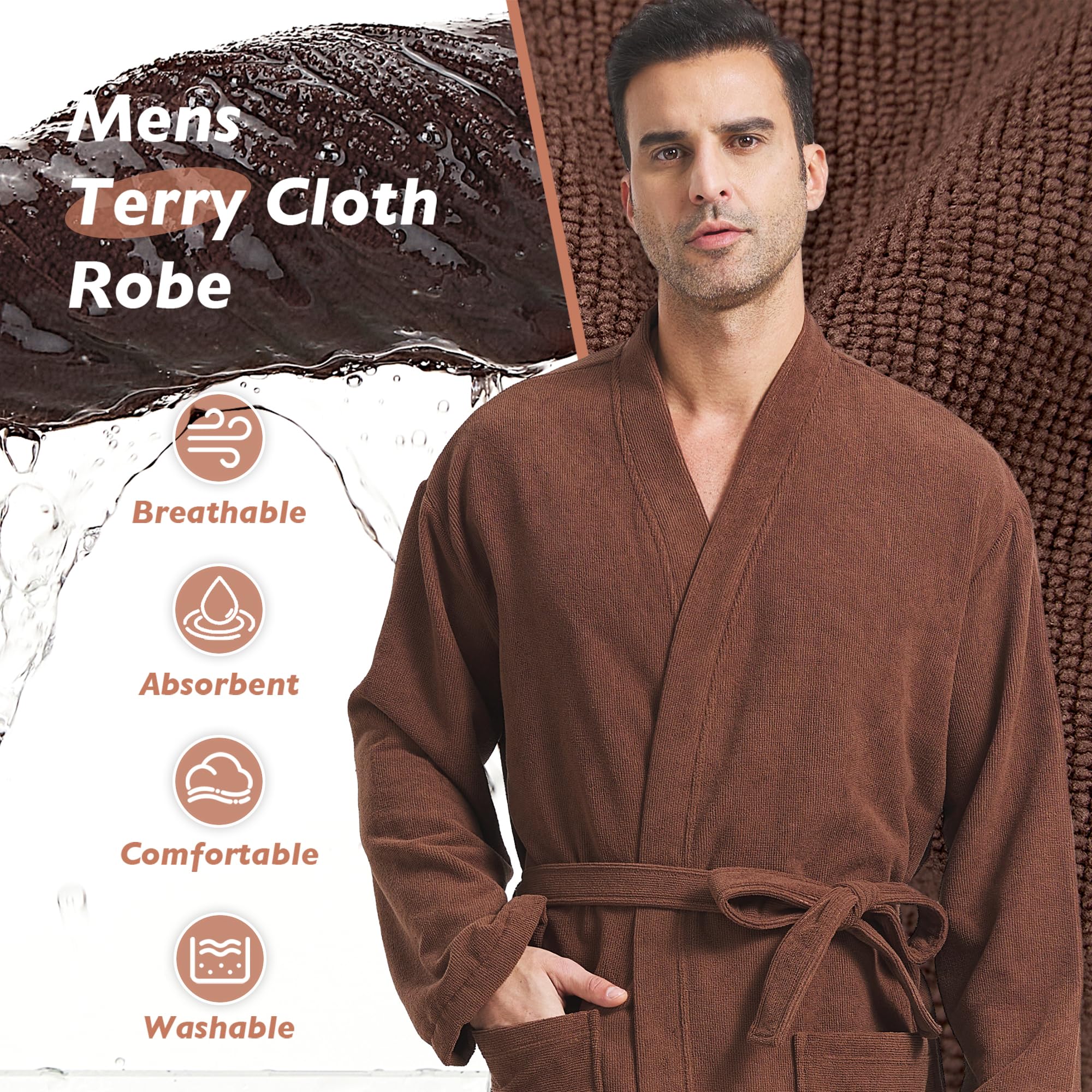 FashGudim Albornoz de rizo para hombres, grandes y pequeños, albornoz corto kimono para hombre, súper absorbente, hasta la pantorrilla, con bolsillos