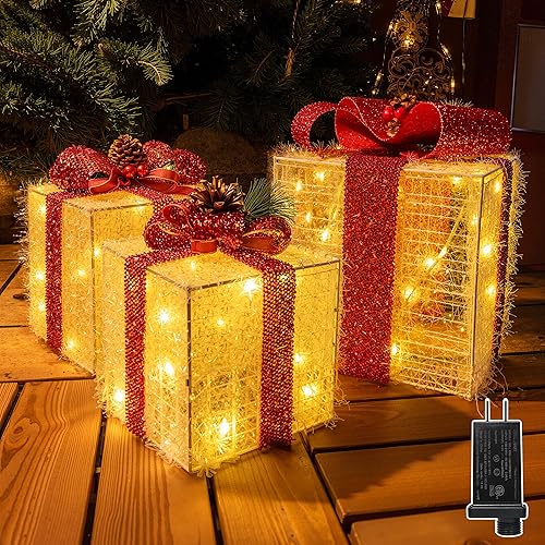Juego de 3 cajas de regalo iluminadas de Navidad, 60 luces LED blancas cálidas preiluminadas, cajas de regalo decorativas para vacaciones,