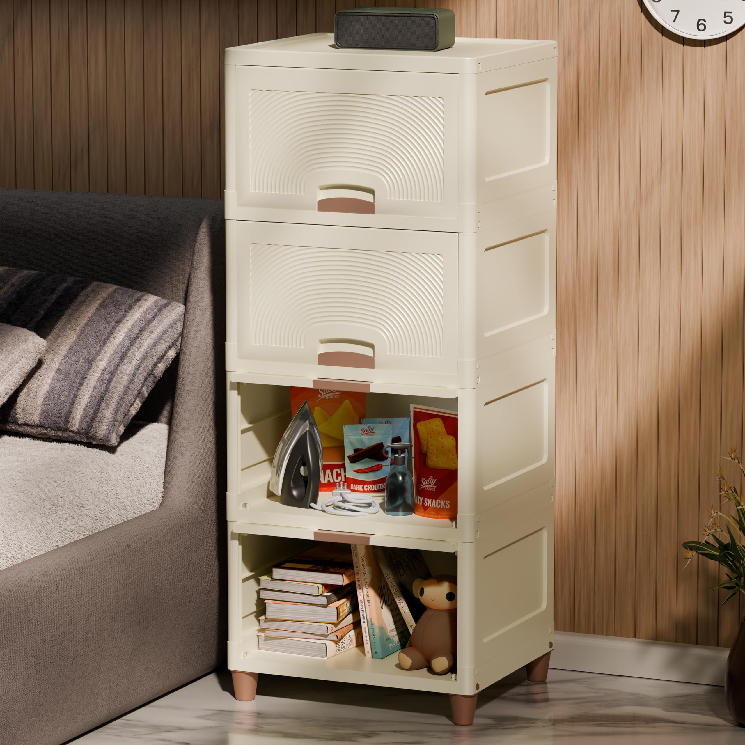 Amazon Basics Multi-Purpose Large Organizer | Modular Storage Box for Clothes, Kitchen, Bedroom & Living Room | Stackable Rack, Space-Saving Wardrobe Cabinet (Off White), 4 Piece, 37.5LX44.7WX27H cm-image-29