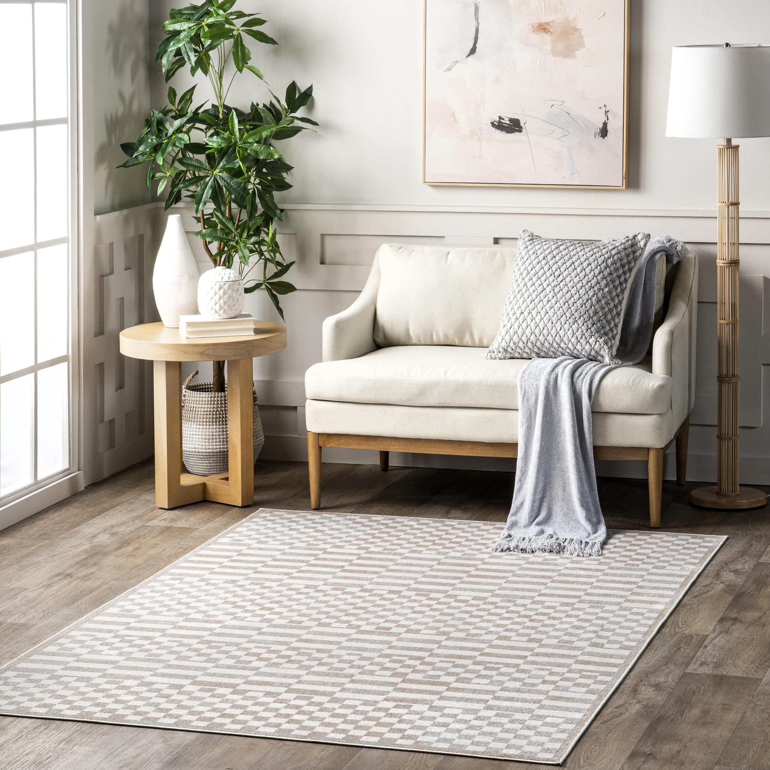 Nuloom SpinClean Nikita Beige/Ivory, 4' x 6', Geometric, Soft and Cozy, High Traffic, Stain Resistant, Easy Clean, Durable, Machine Washable Area Rug