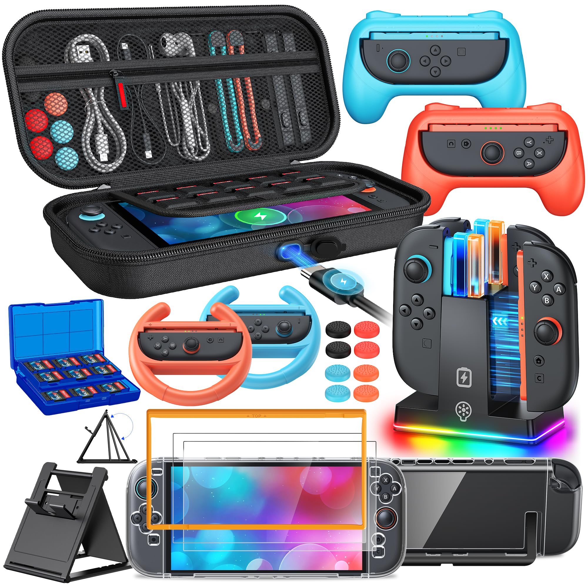 Switch 2 accessori, [carica interna] custodia per console Nintendo Switch 2 2025, kit FYOUNG 23 in 1: custodia da trasporto, caricabatterie controller, guscio protettivo, impugnatura per joycon