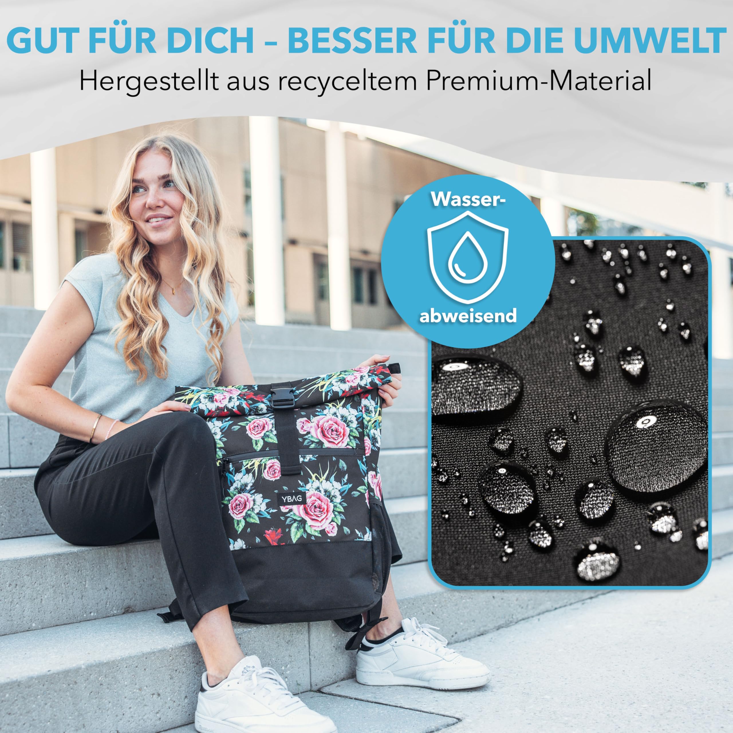 YBAG Daily - 2in1 Nachhaltige Fahrradtasche für Damen - Geeignet als Gepäckträgertasche und Rucksack mit Laptopfach für Büro und Einkauf (Flower)