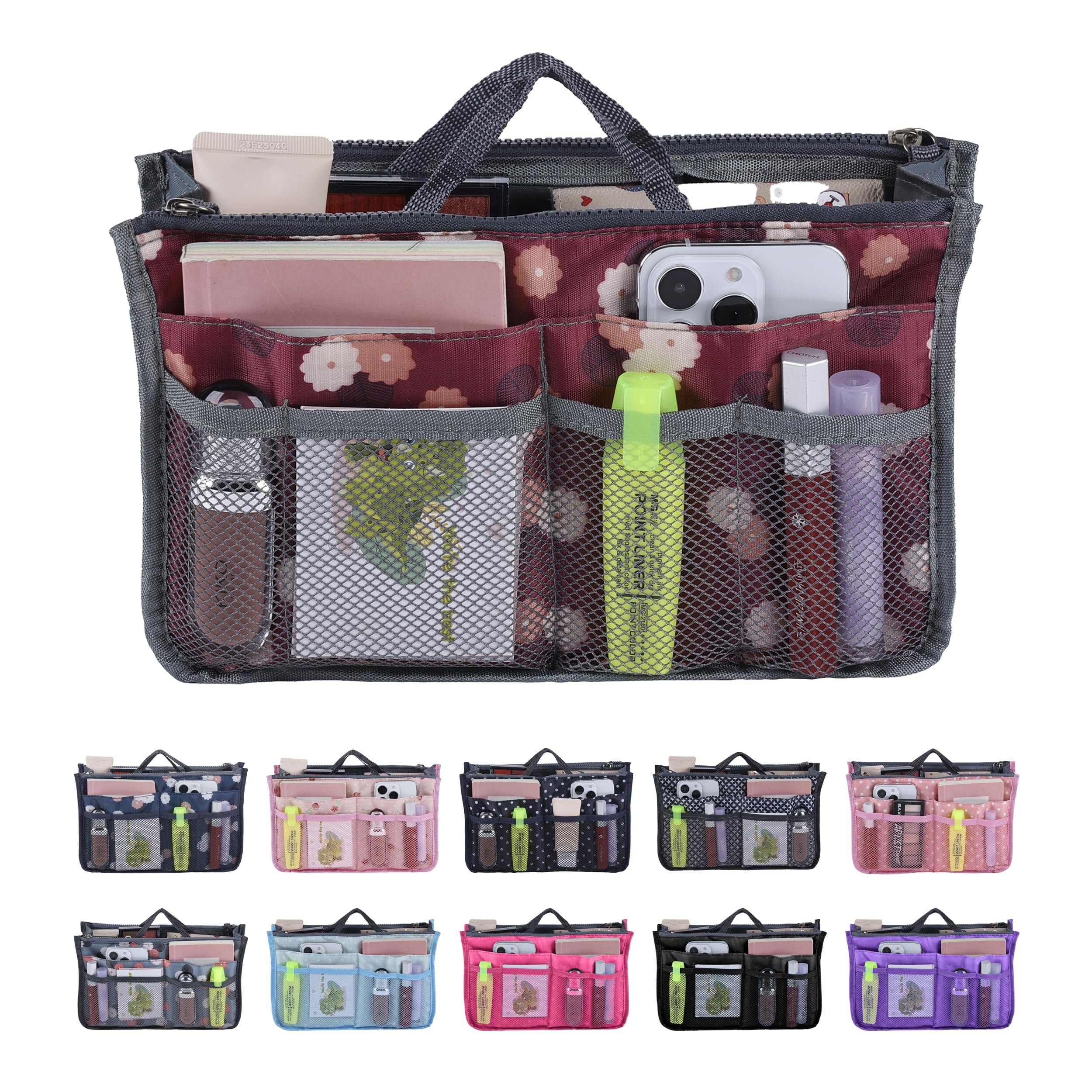Jj Prime Women's Floral, Maroon - Handbag Organiser | Handbag Storage Pouch | Handbag Organizer | Tote Bag Organizer (Floral, Maroon)