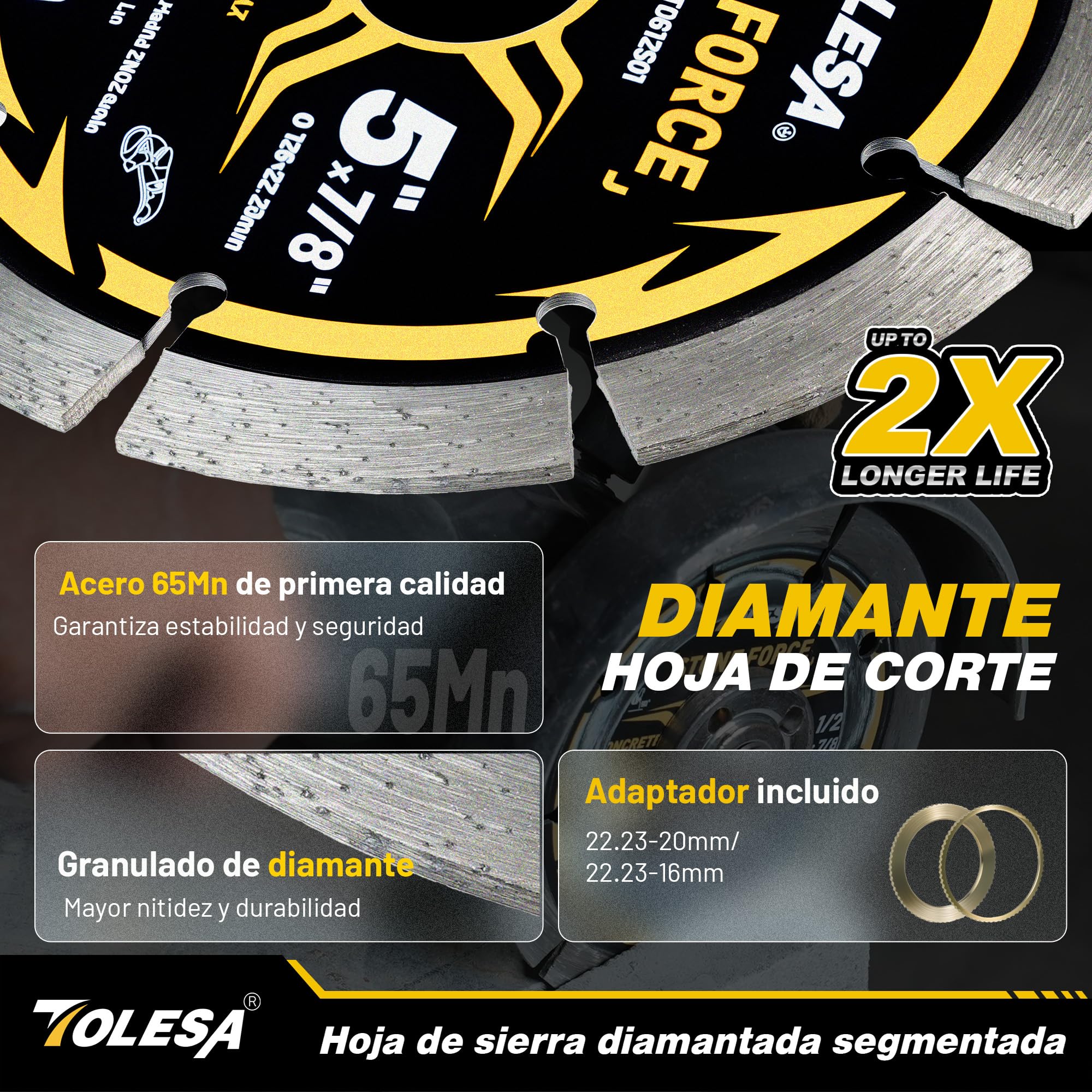 TOLESA Disco Diamantado 125 mm Segmentado para Amoladora, Para Cortar Hormigón, Piedra, Ladrillo y Mampostería, Orificio 22,23 mm con Adaptadores 20/16 mm, Corte Rápido (Paquete de 3)