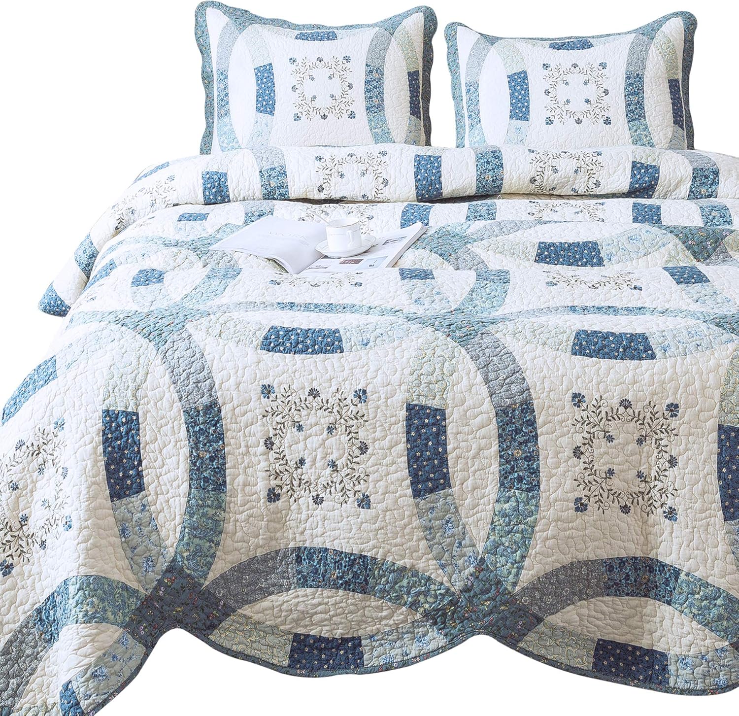 Luna 3-Piece Quilt Set. Cotton Fabrics. Hand-Made Patchwork and Embroidery. Real Pieced. Transitional Style. Pre-Washed and Allover Quilting. (Blue, Queen Set)