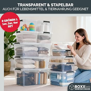 Storage Boxes with Lid 32 L Set of 4 BPA-Free & Food-Safe Boxes Plastic Box with Lid Stackable & Robust Storage Boxes Transparent Box