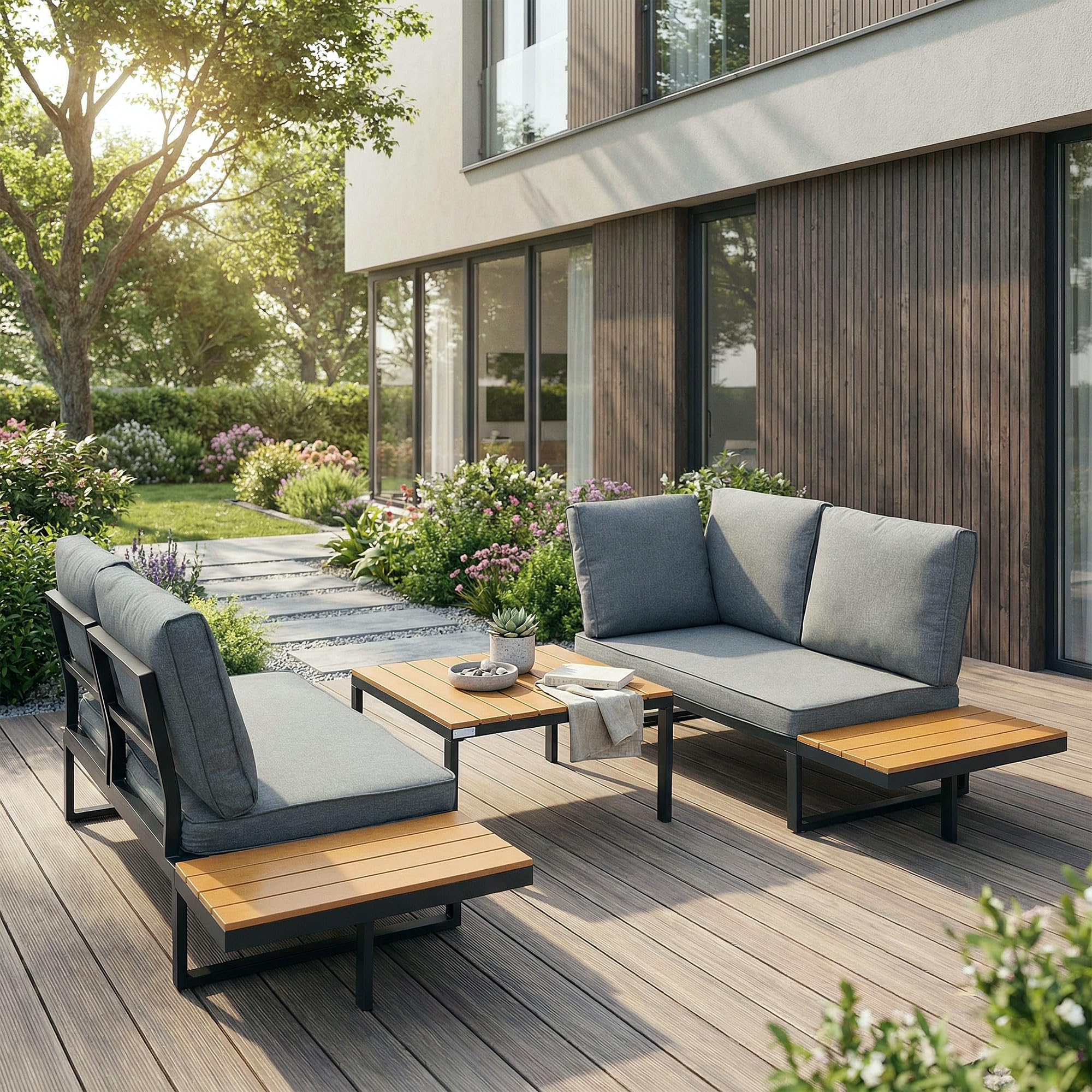 ML-Design Set Mobili da Giardino Grigio Effetto Legno 3 Pezzi con Tavolino e Cuscini, Divano Angolare per Terrazza e Balcone, Sedute Combinabili Resistenti alle Intemperie, Arredo Lounge Esterno