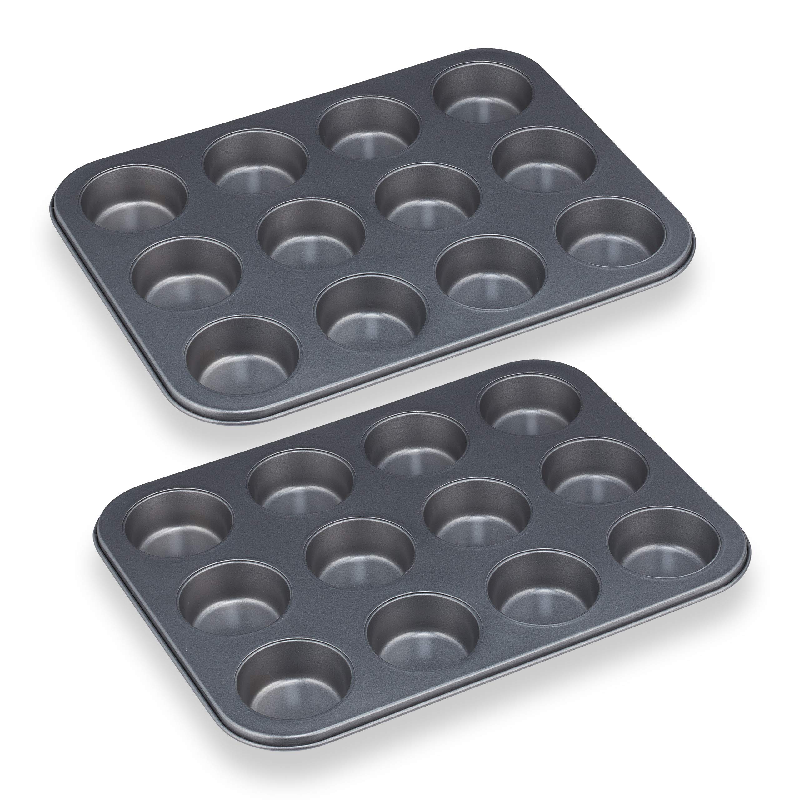 Relaxdays 8 Moldes Magdalenas, Bandejas para 12 Muffins y Cupcakes, Antiadherentes, Acero al Carbono, 6,5cm Ø, Gris