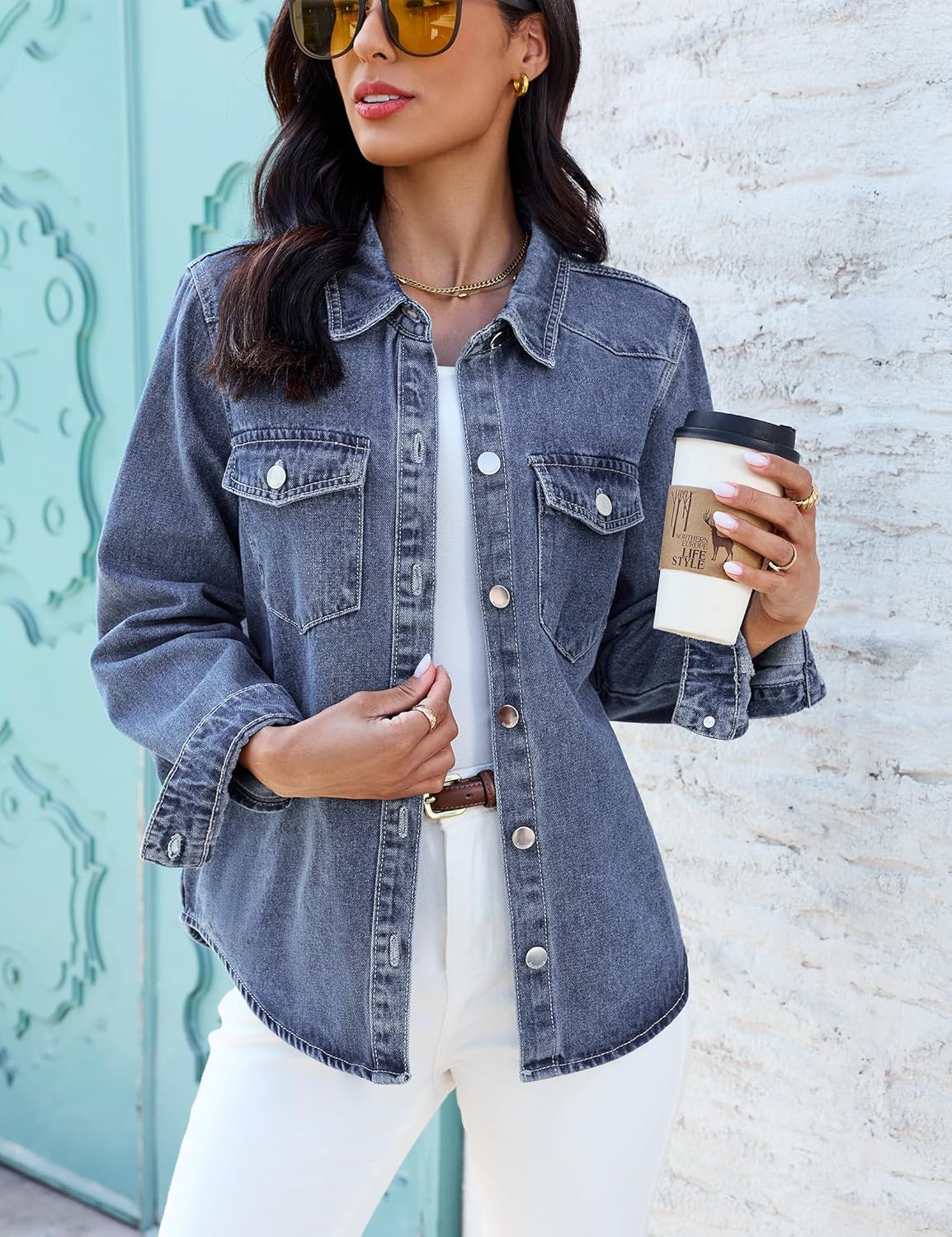 luvamia Denim Jackets for Women Trendy Long Sleeve Distressed Jean Button Down Shirts Jacket Shacket Trucker Jacket - Image 3