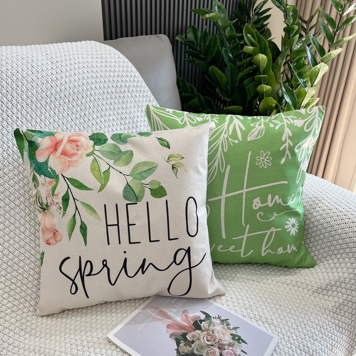 GYISANA Cushion Covers 45cm x 45cm,Set of 4 Hello Spring Decorative Throw Pillow Covers Spring Flower Linen Square Pillow Cases 18x18 Inch for Sofa Living Room Bed Couch Car Home Decor - Image 4