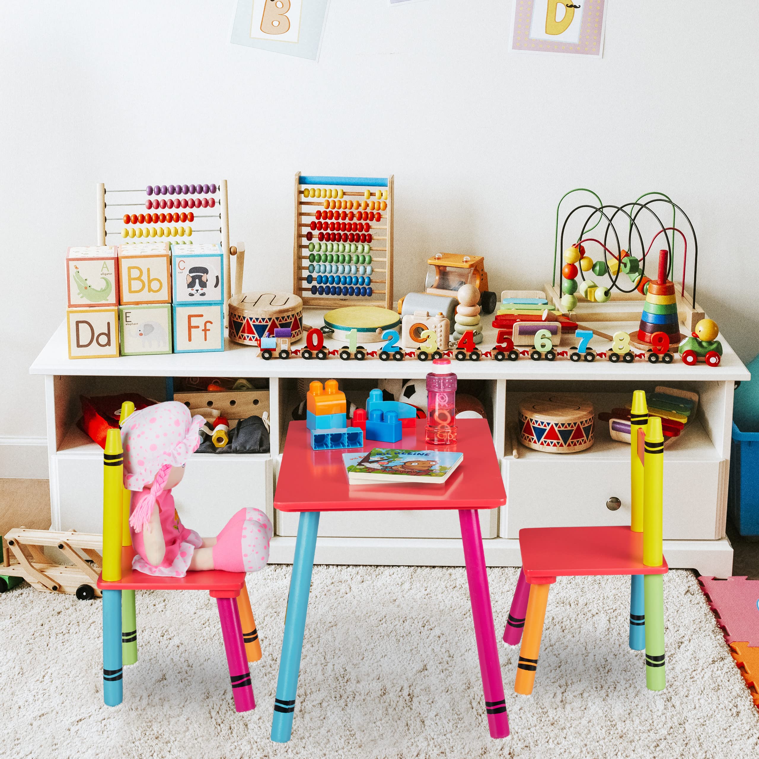 Relaxdays Set Tavolino e Sedie per Bambini e Bambine, Tavolo Basso con 2 Sedioline, in MDF e Legno di Pino, Colorato