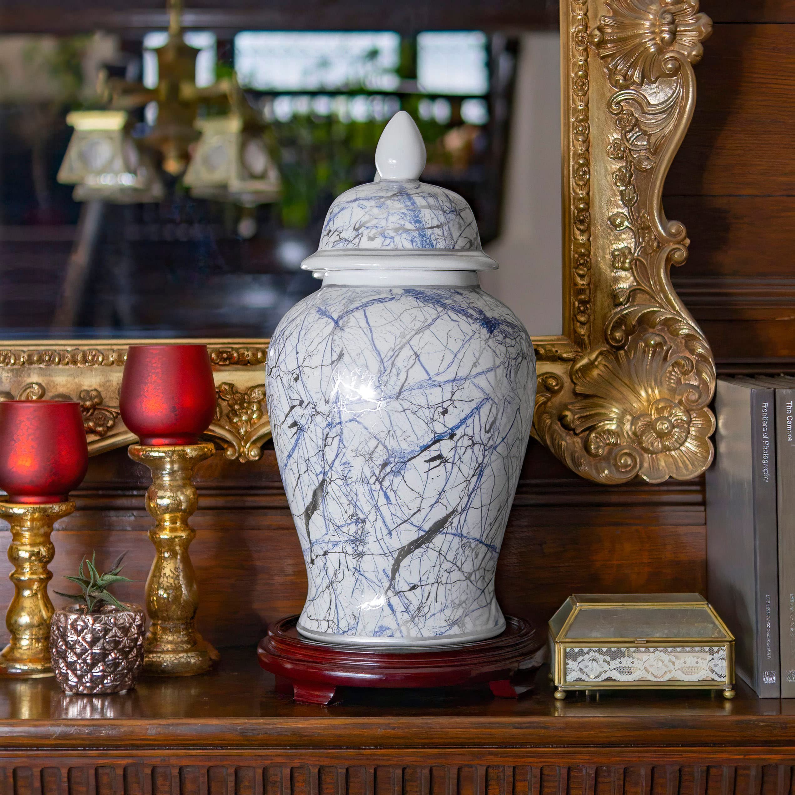 Red Lantern18" Abstract Blue & Silver Temple Jar